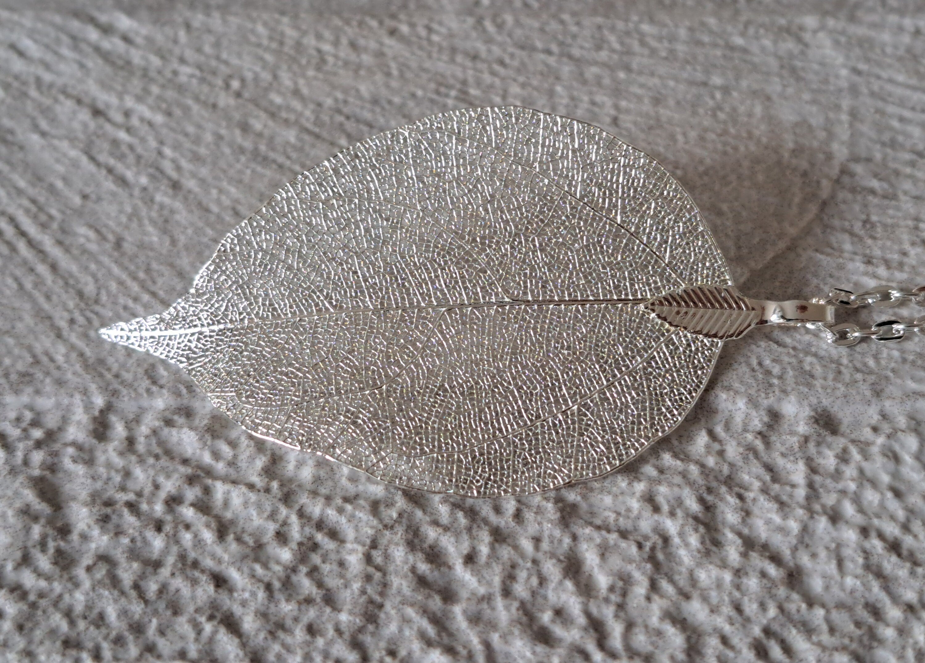 Silver Long Real Dipped Leaf Pendant and Necklace