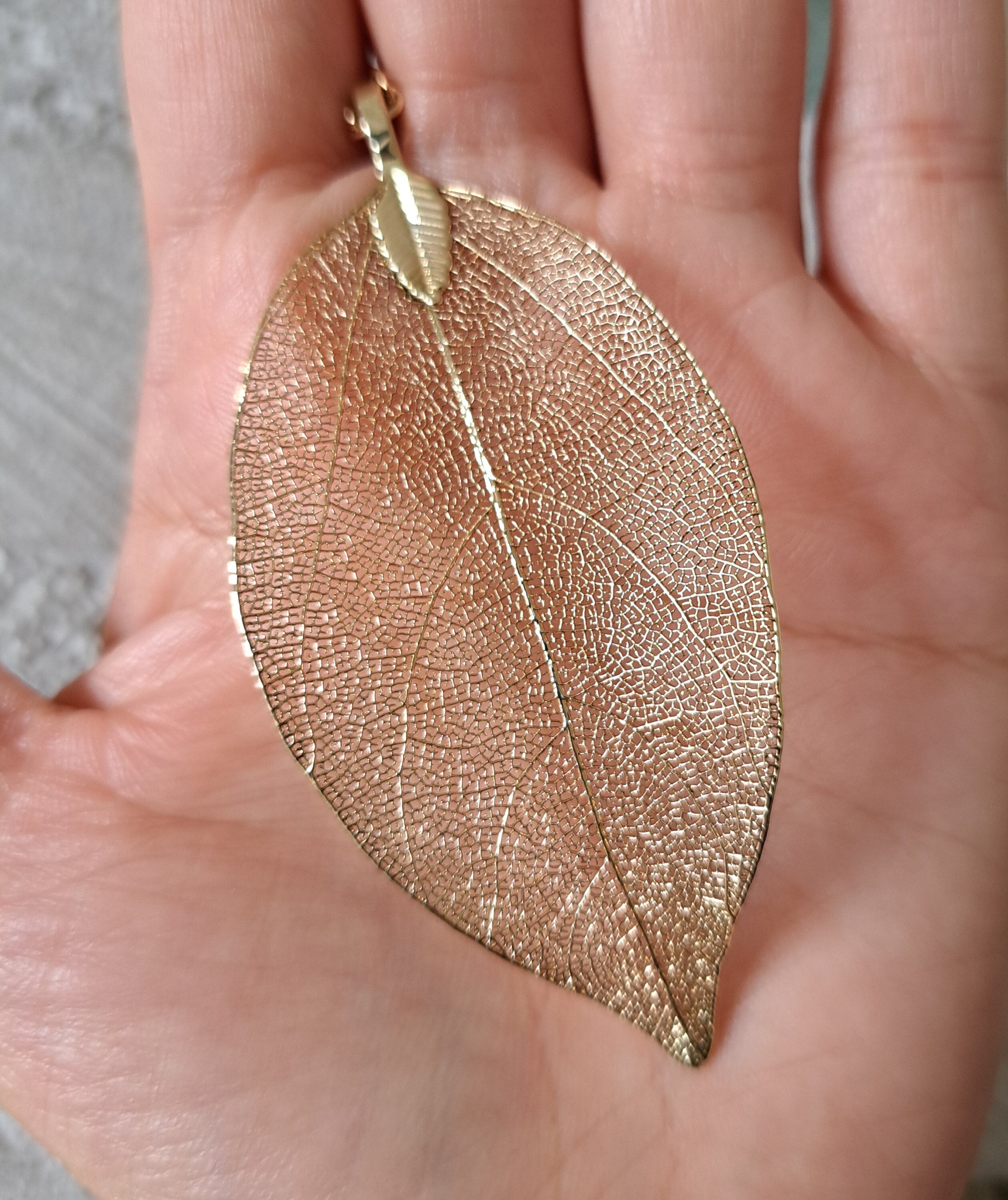 Dull Gold Long Skeleton Leaf Pendant and Necklace