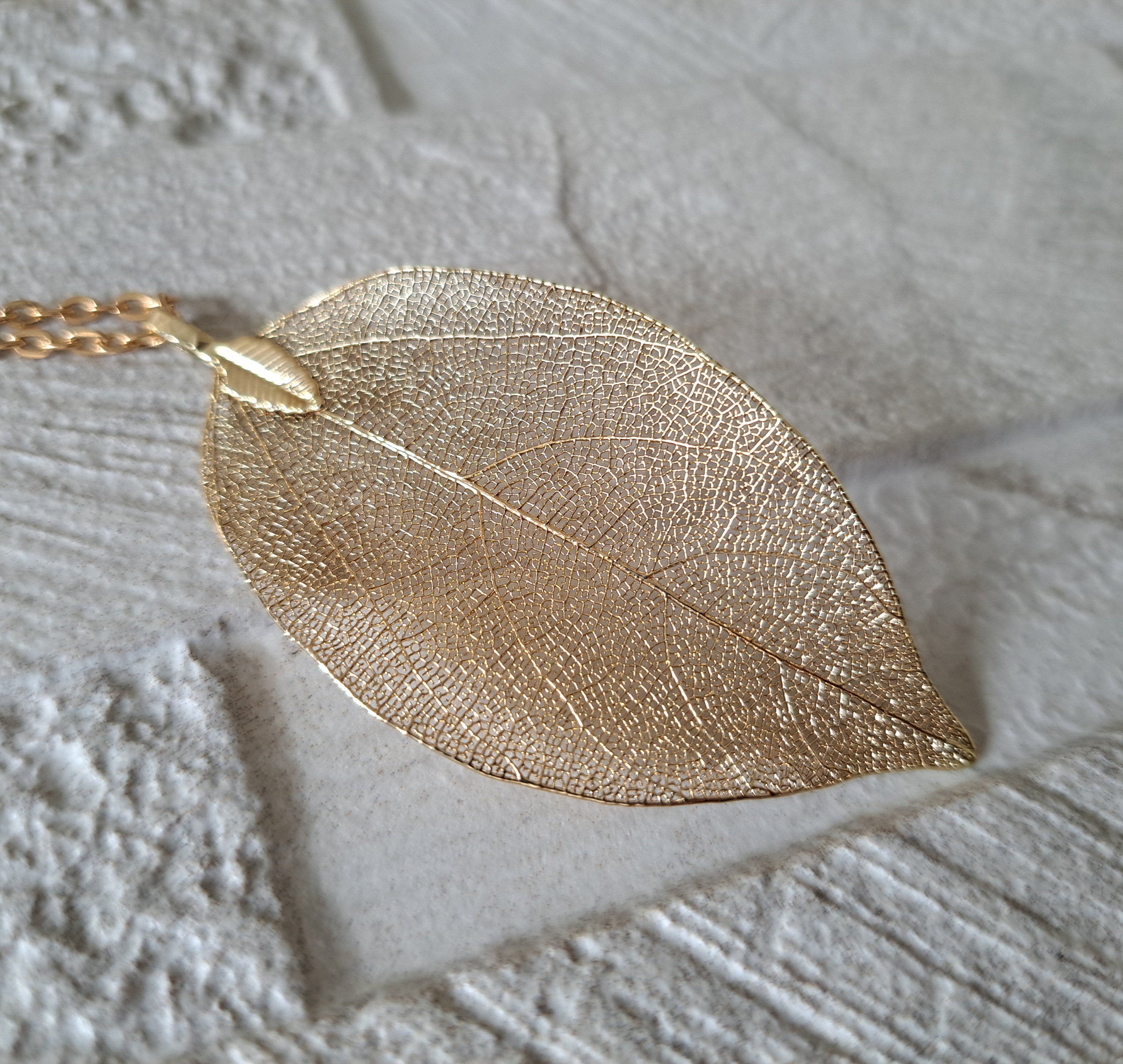 Dull Gold Long Skeleton Leaf Pendant and Necklace