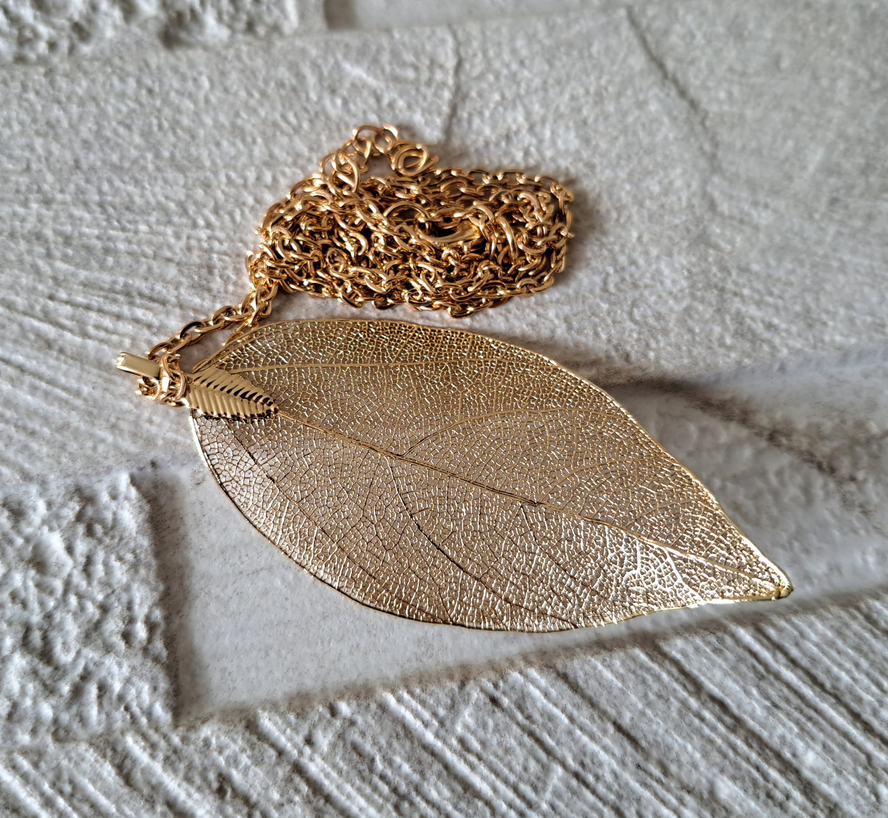 Dull Gold Long Skeleton Leaf Pendant and Necklace