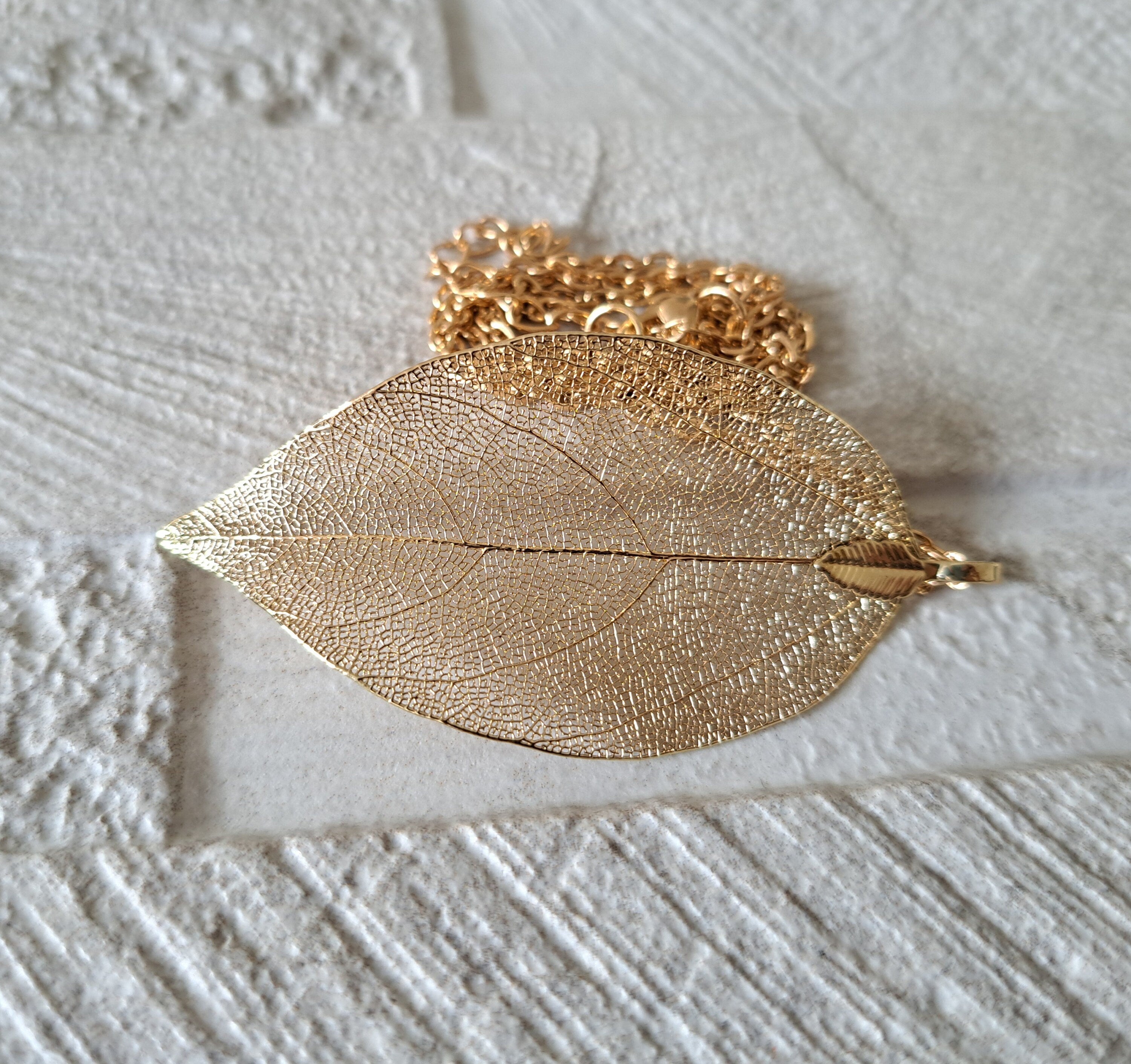 Dull Gold Long Skeleton Leaf Pendant and Necklace