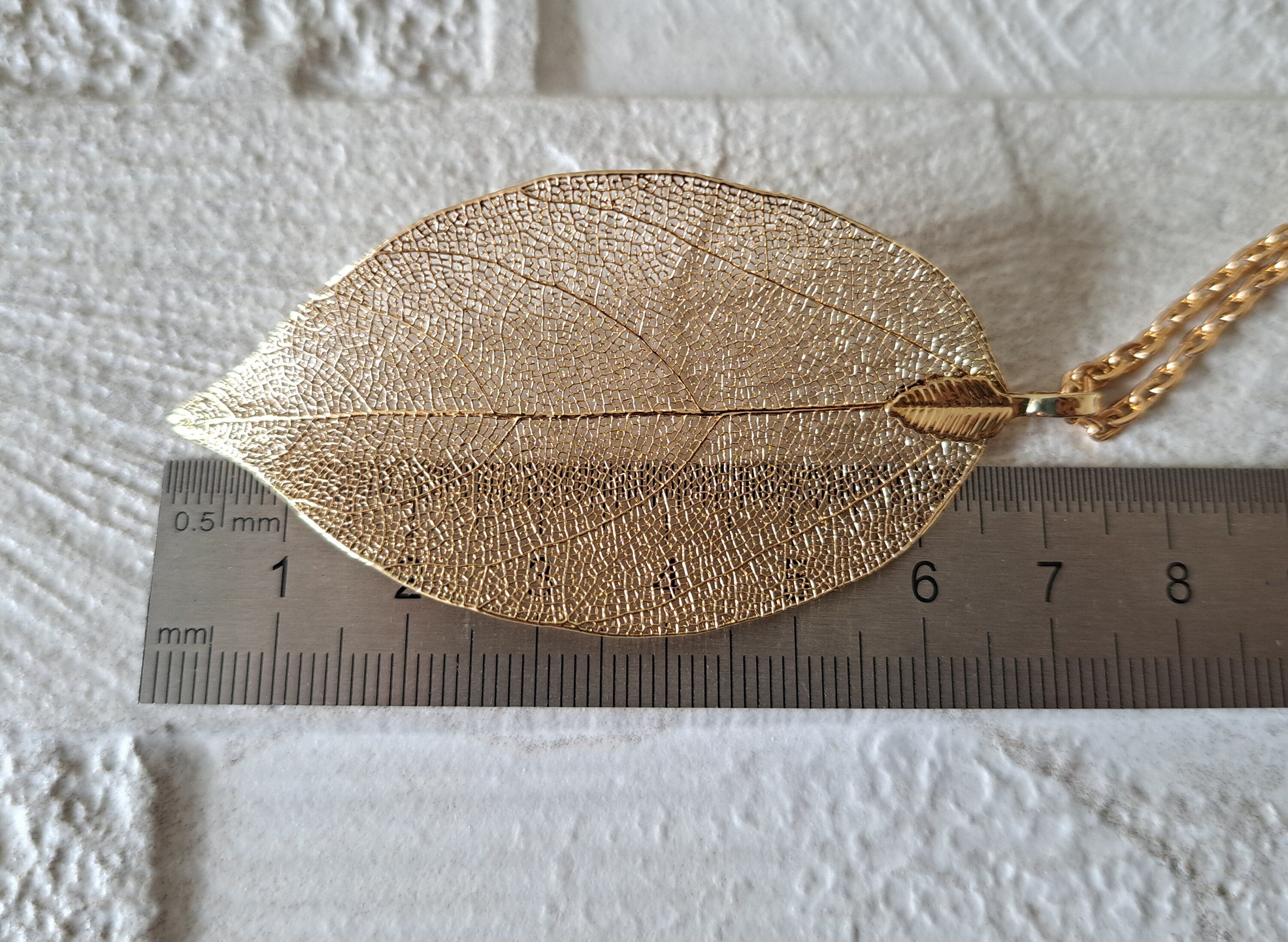 Dull Gold Long Skeleton Leaf Pendant and Necklace