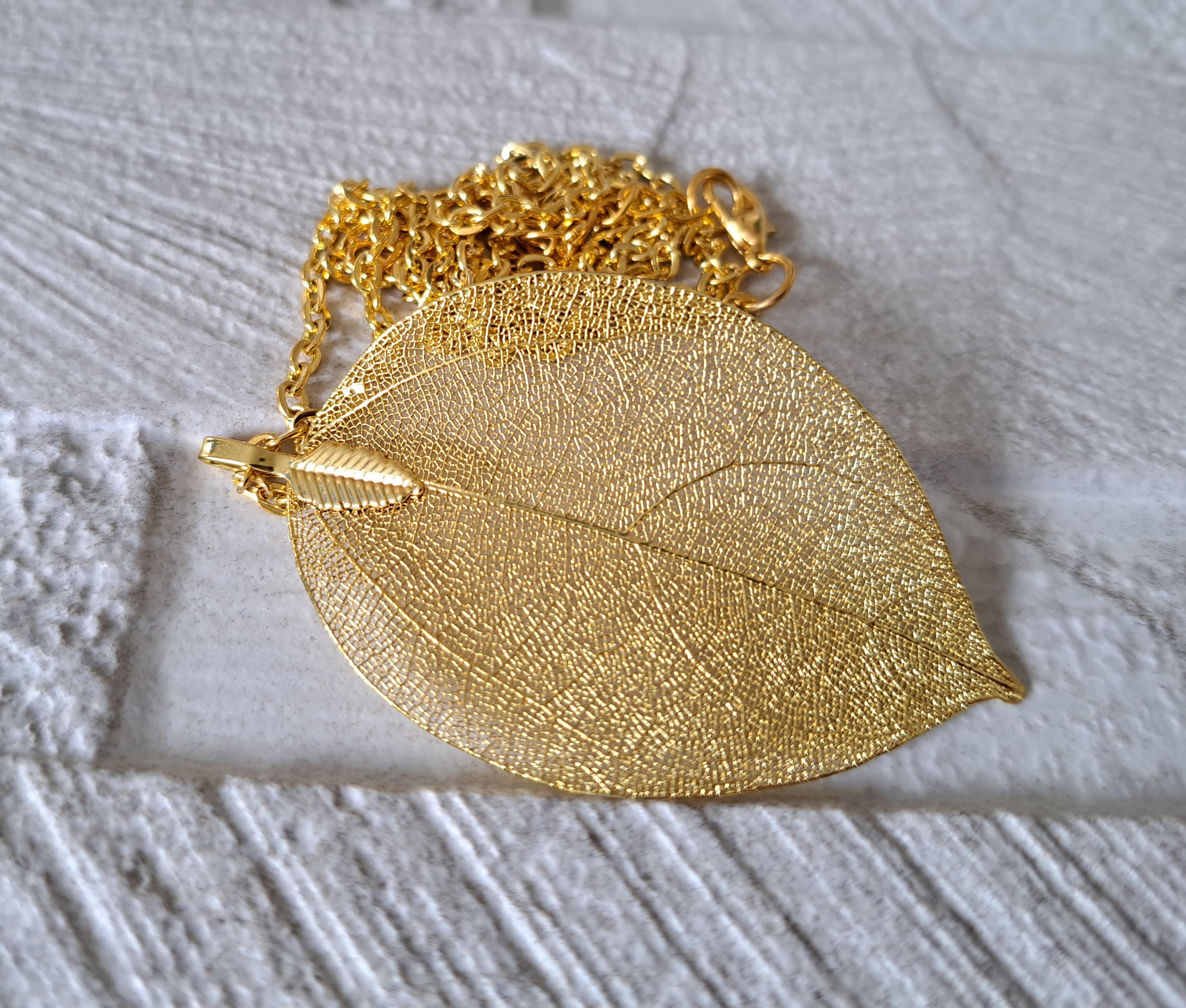 Gold Long Skeleton Leaf Necklace and Pendant