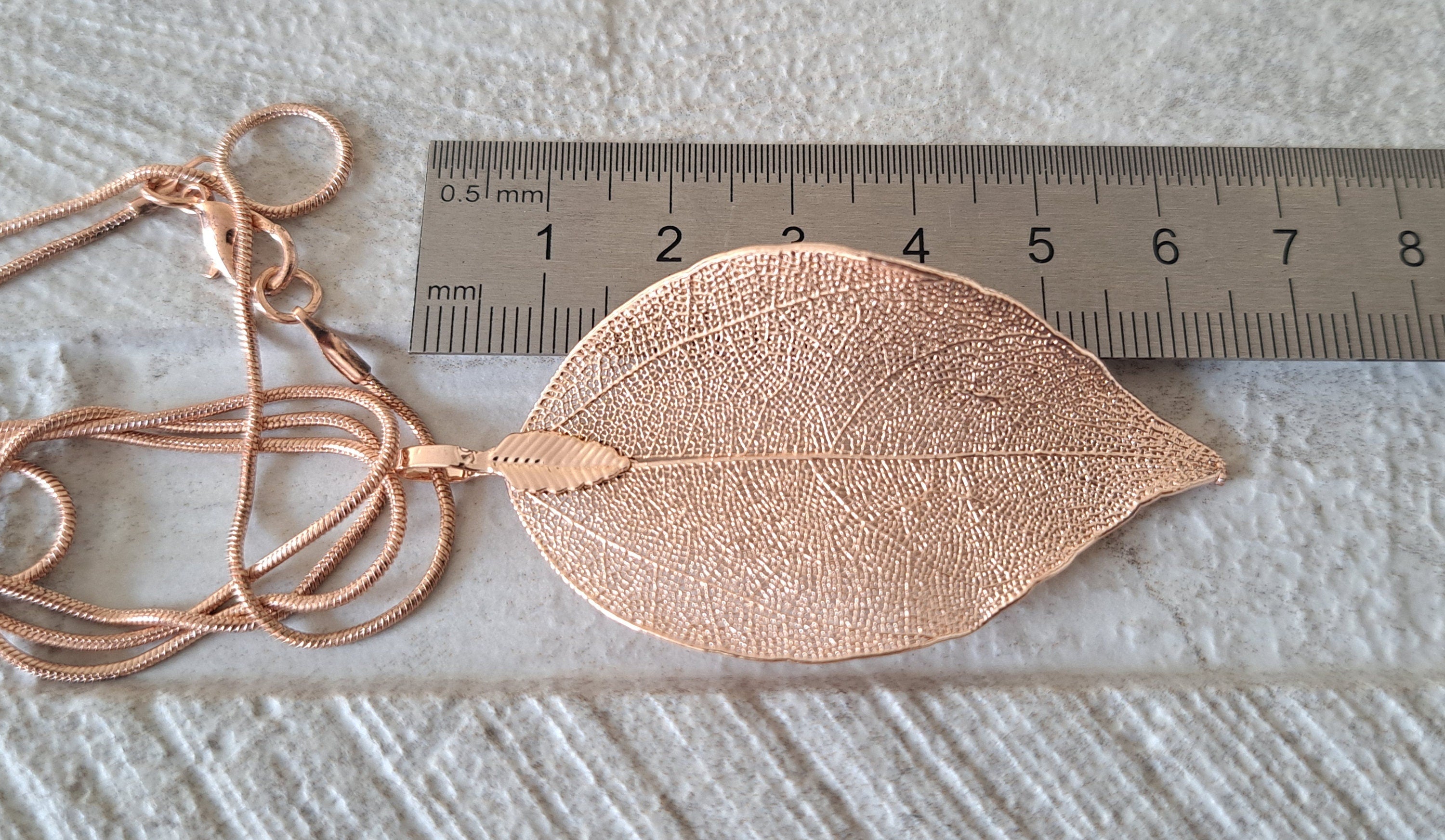 Rose Gold Long Real Dipped Leaf Skeleton Pendant and Necklace