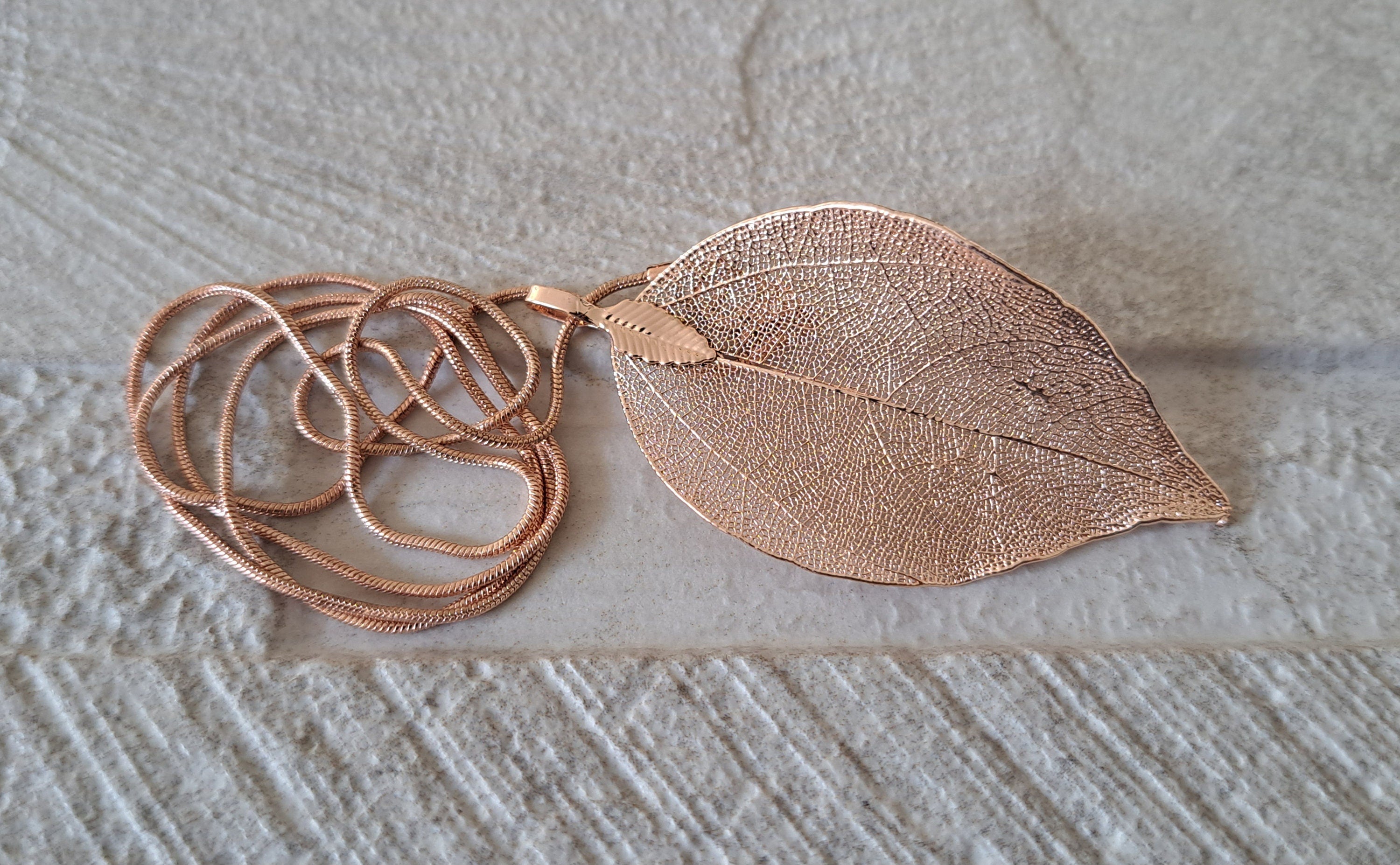 Rose Gold Long Real Dipped Leaf Skeleton Pendant and Necklace