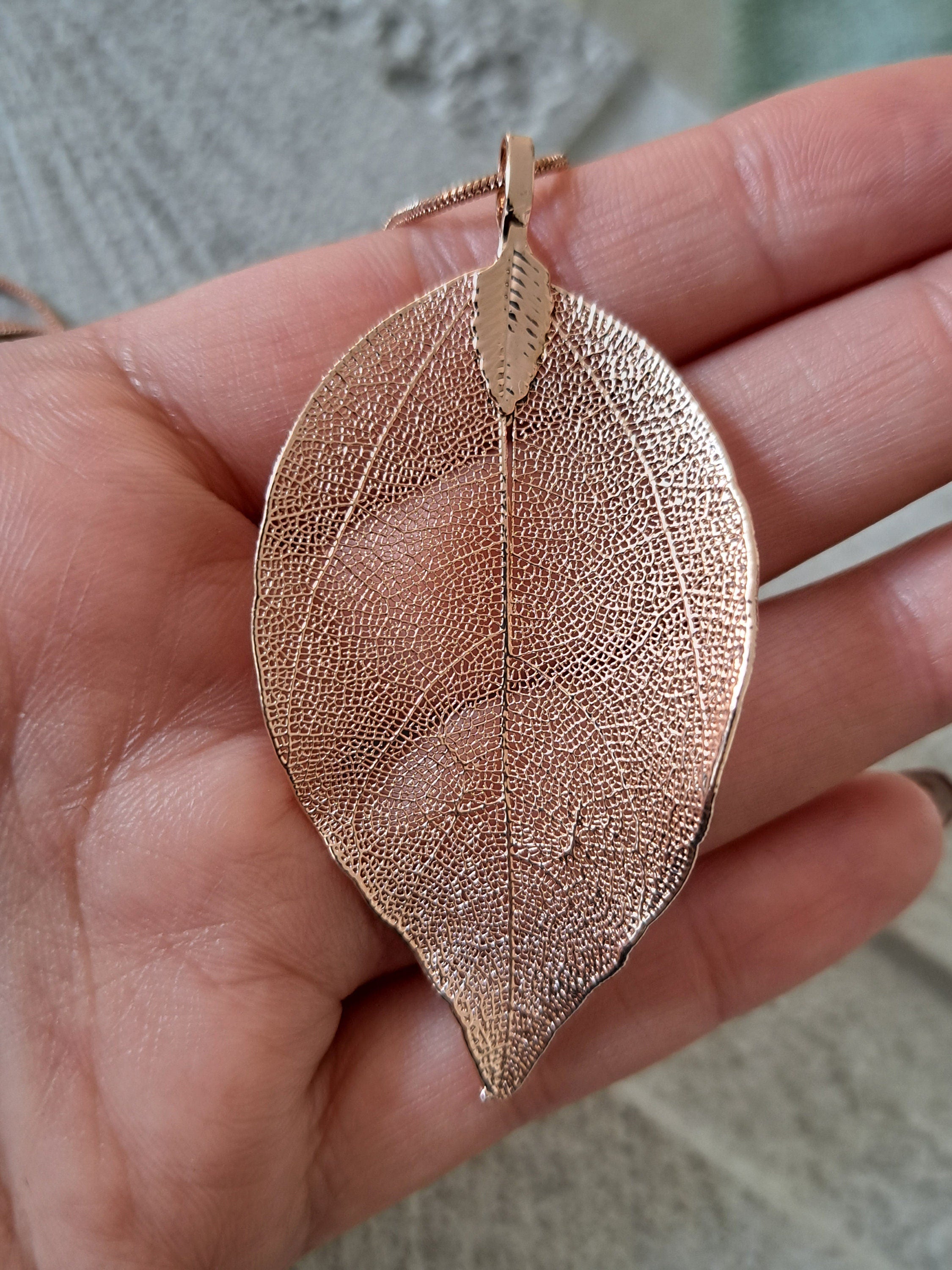 Rose Gold Long Real Dipped Leaf Skeleton Pendant and Necklace