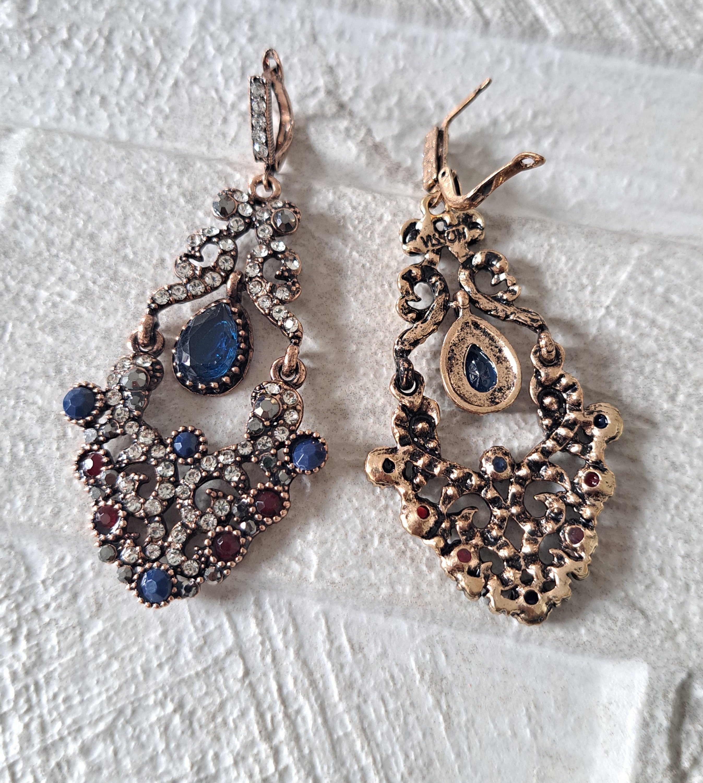 Gold Blue Swarovski Crystal Dangle Chandelier Earrings