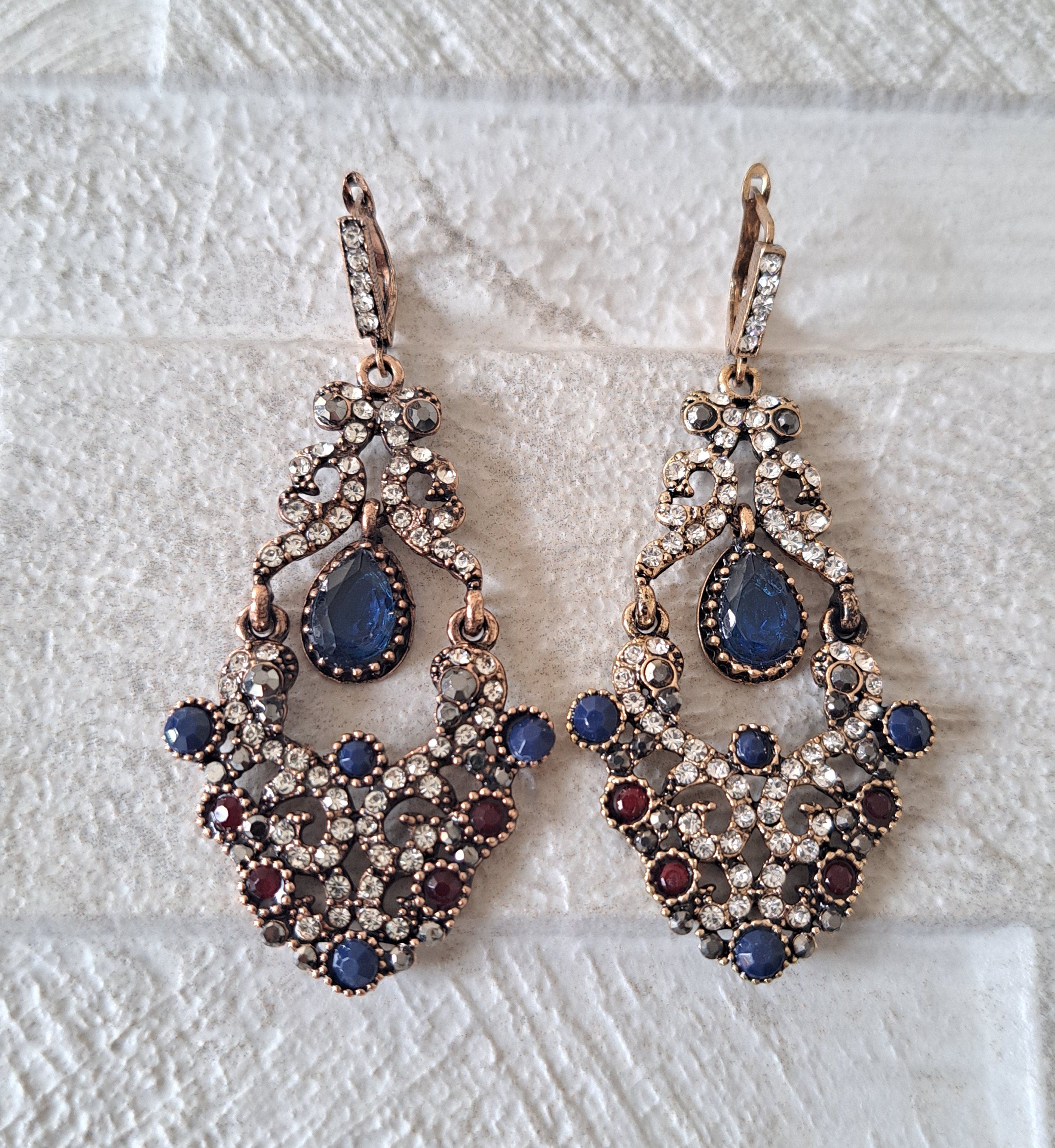 Gold Blue Swarovski Crystal Dangle Chandelier Earrings