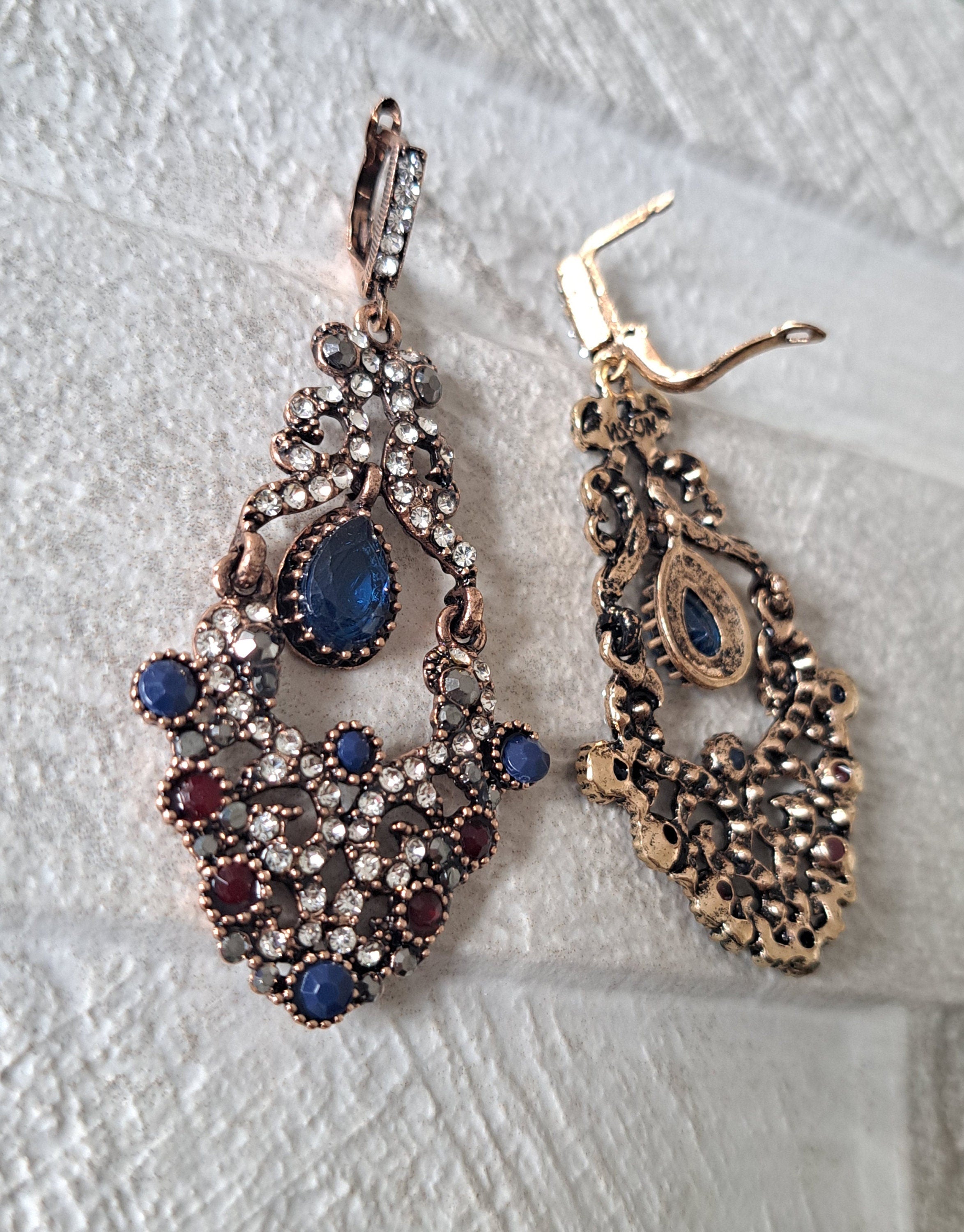 Gold Blue Swarovski Crystal Dangle Chandelier Earrings