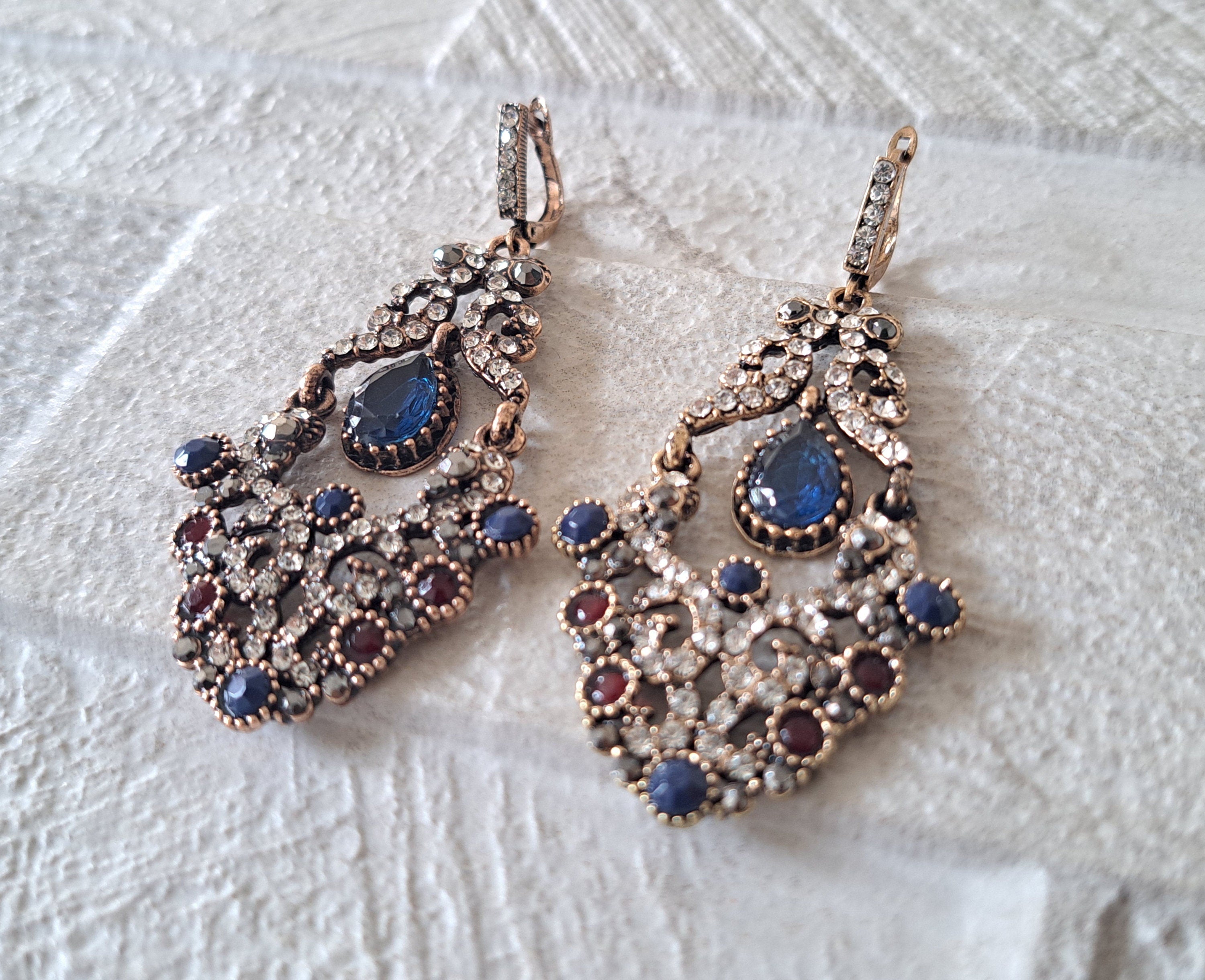 Gold Blue Swarovski Crystal Dangle Chandelier Earrings