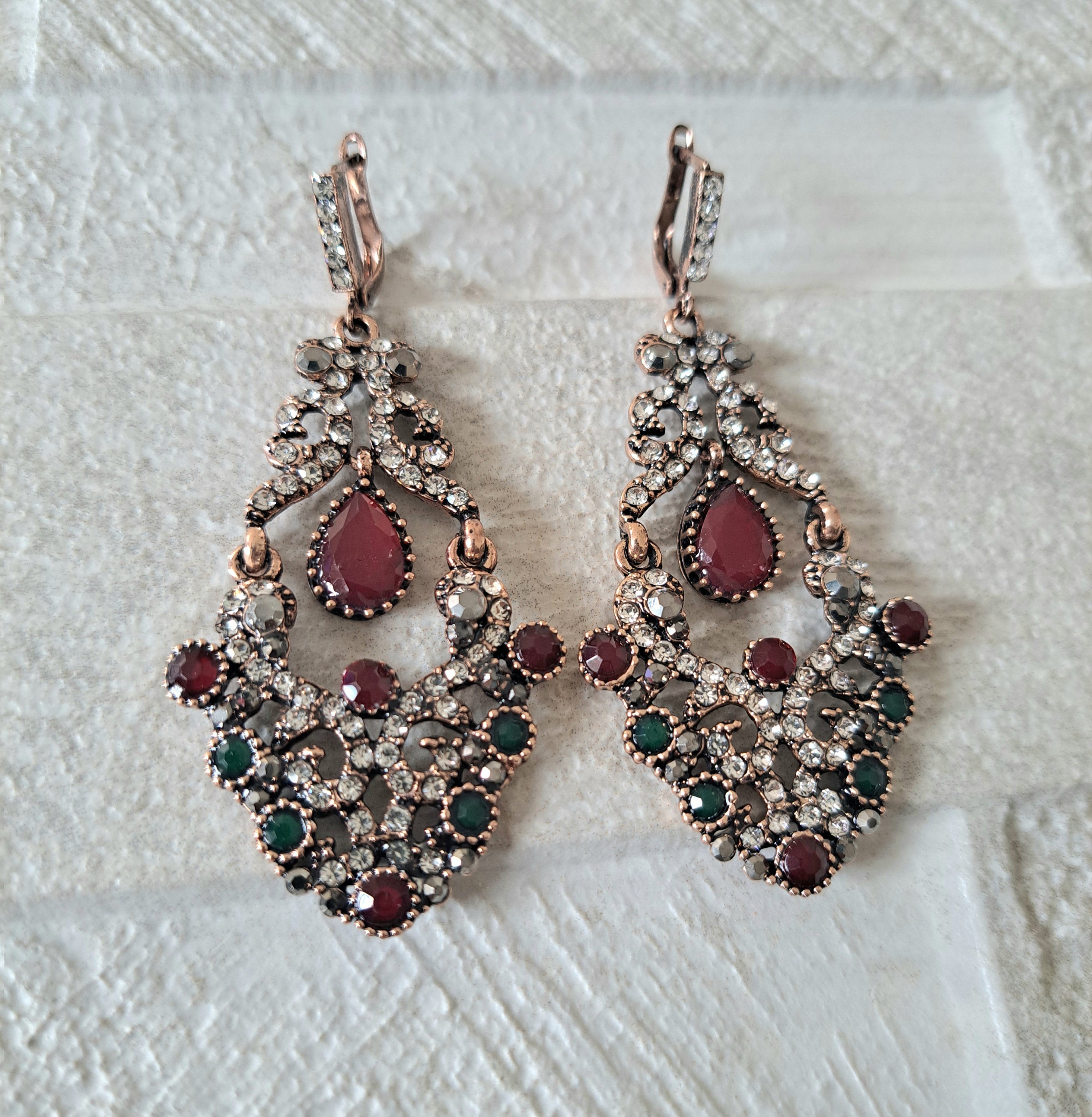 Gold Red Swarovski Crystal Dangle Chandelier Earrings