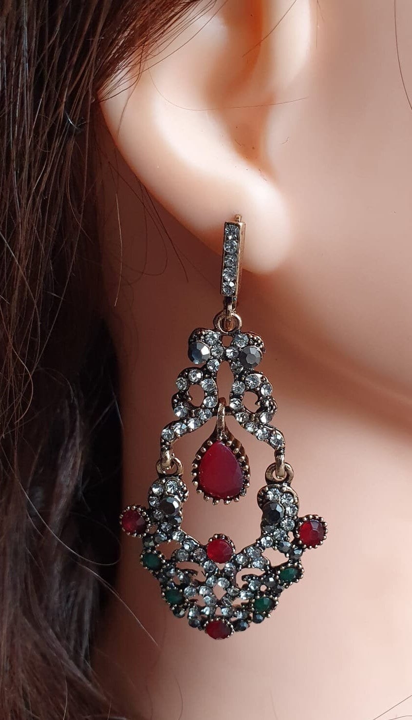 Gold Red Swarovski Crystal Dangle Chandelier Earrings