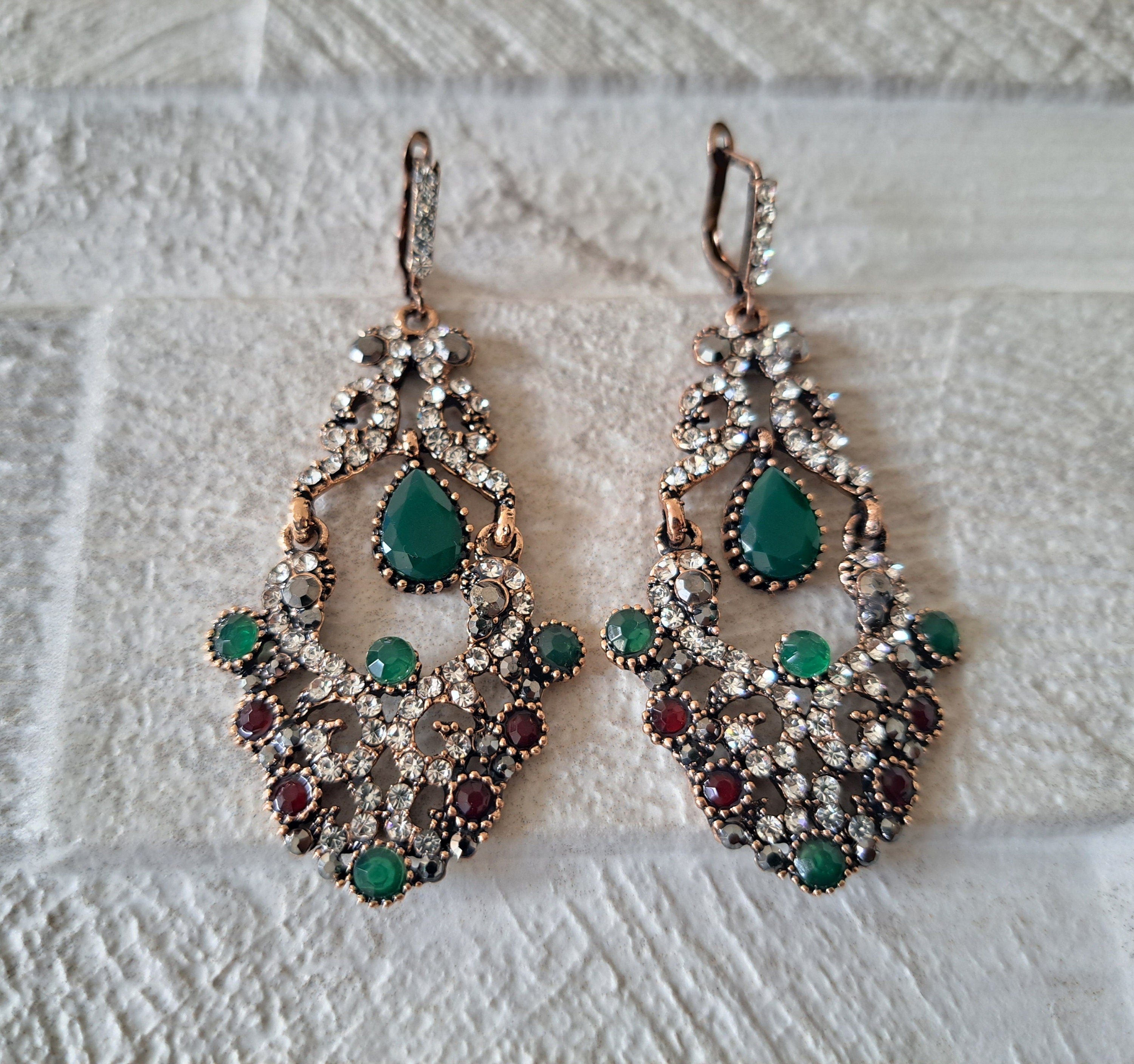 Gold Green Swarovski Crystal Dangle Chandelier Earrings