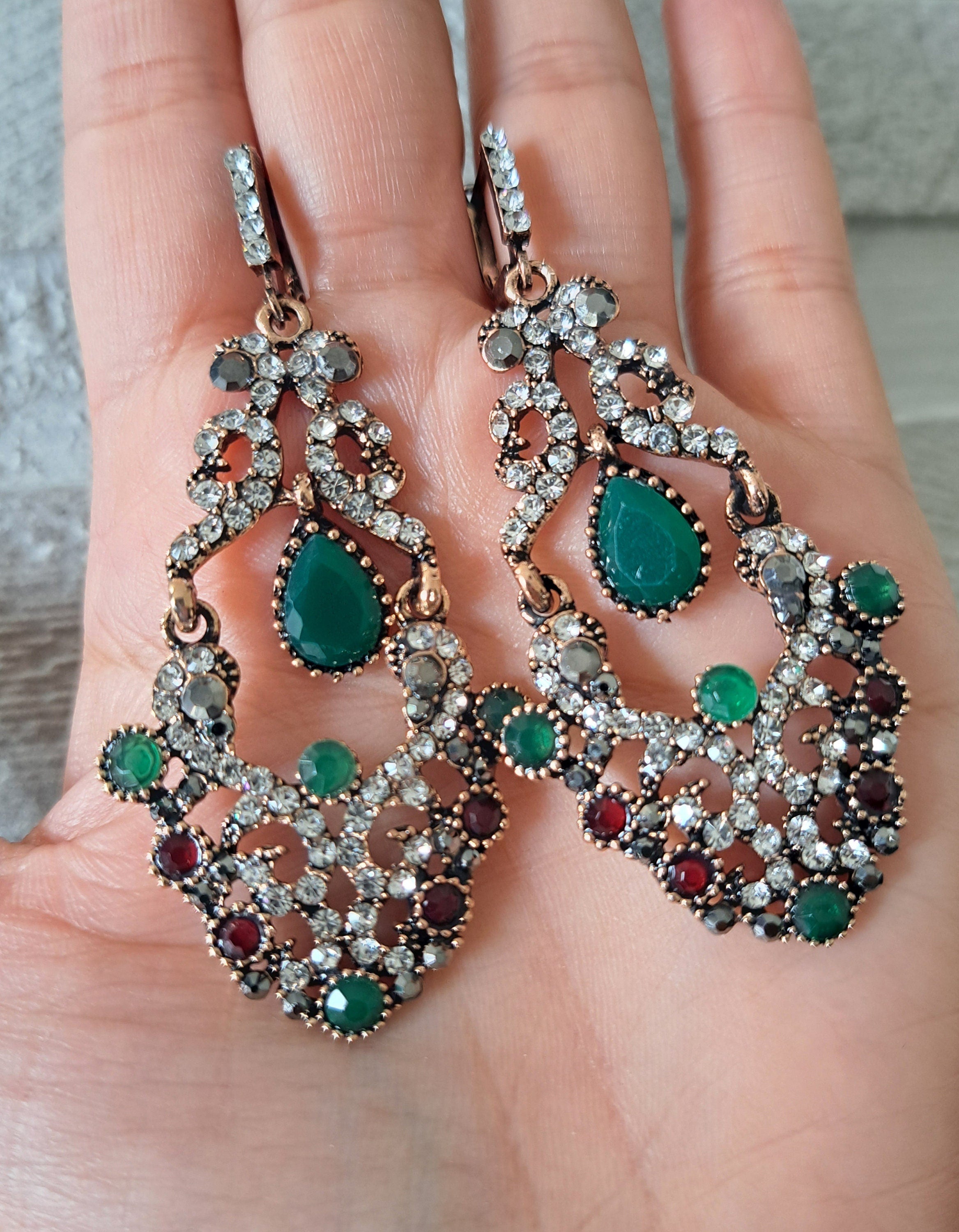 Gold Green Swarovski Crystal Dangle Chandelier Earrings