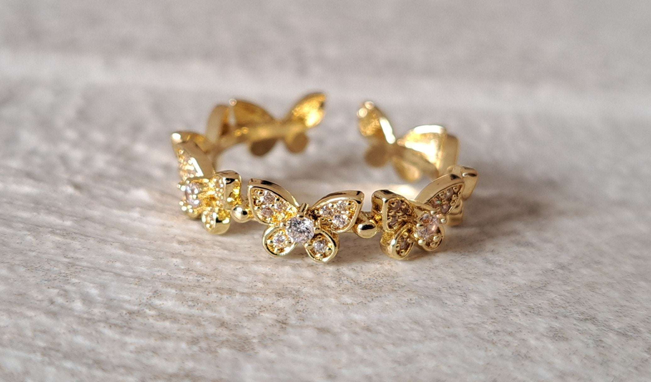Gold Butterfly Linked Swarovski Crystal Open Ring