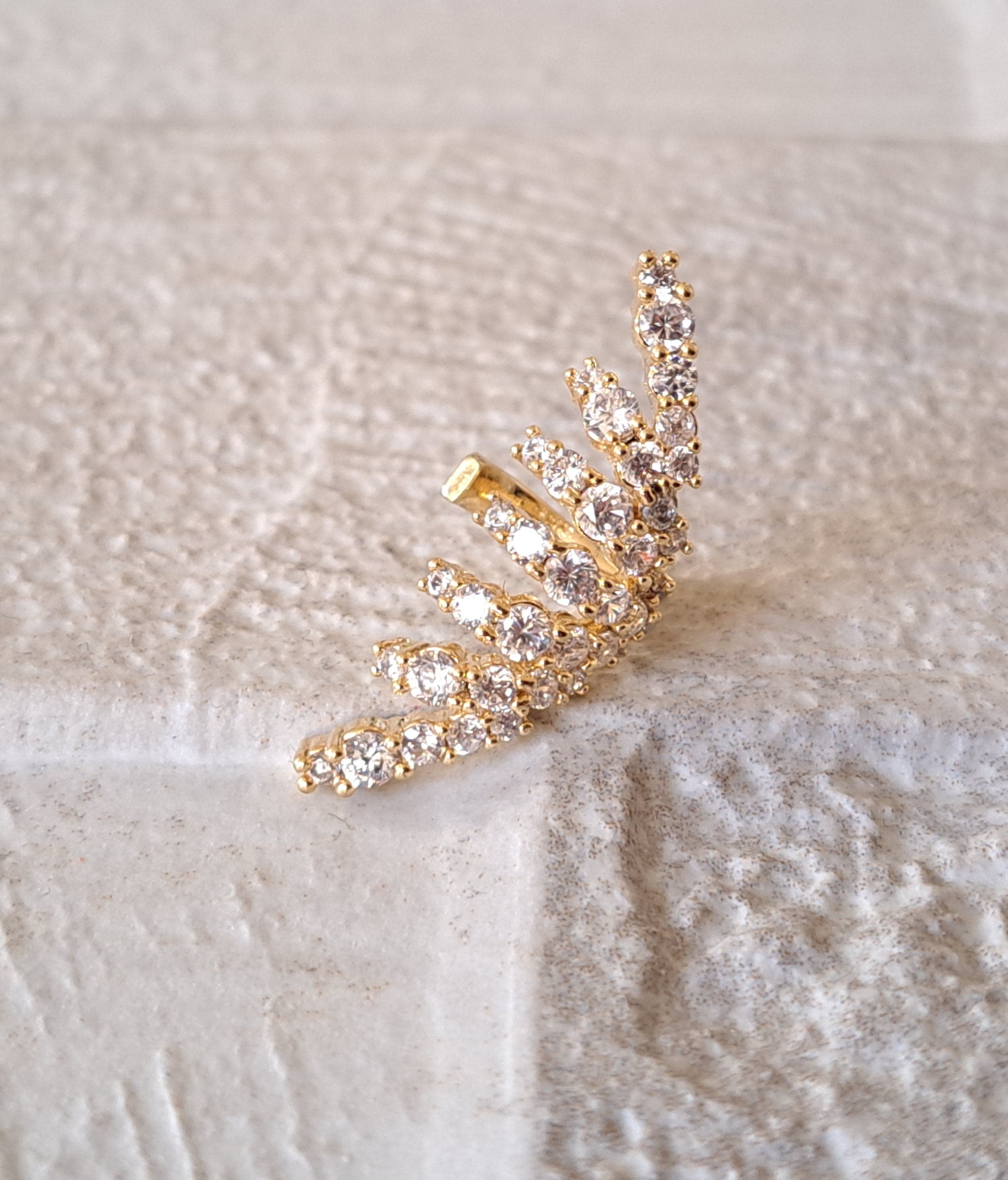 Gold Long Swarovski Crystal Leaf Climber Ear Cuff Earring