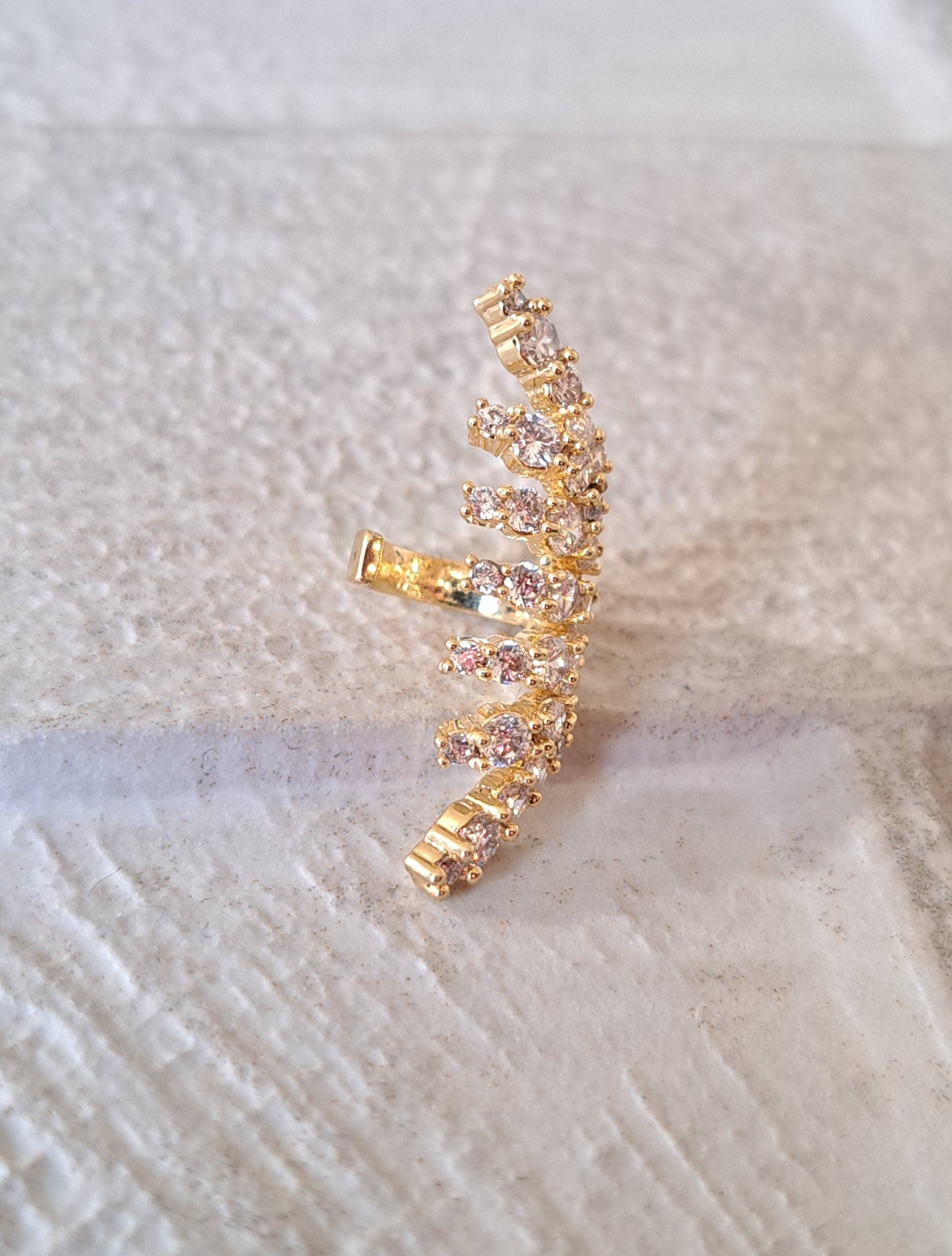 Gold Long Swarovski Crystal Leaf Climber Ear Cuff Earring