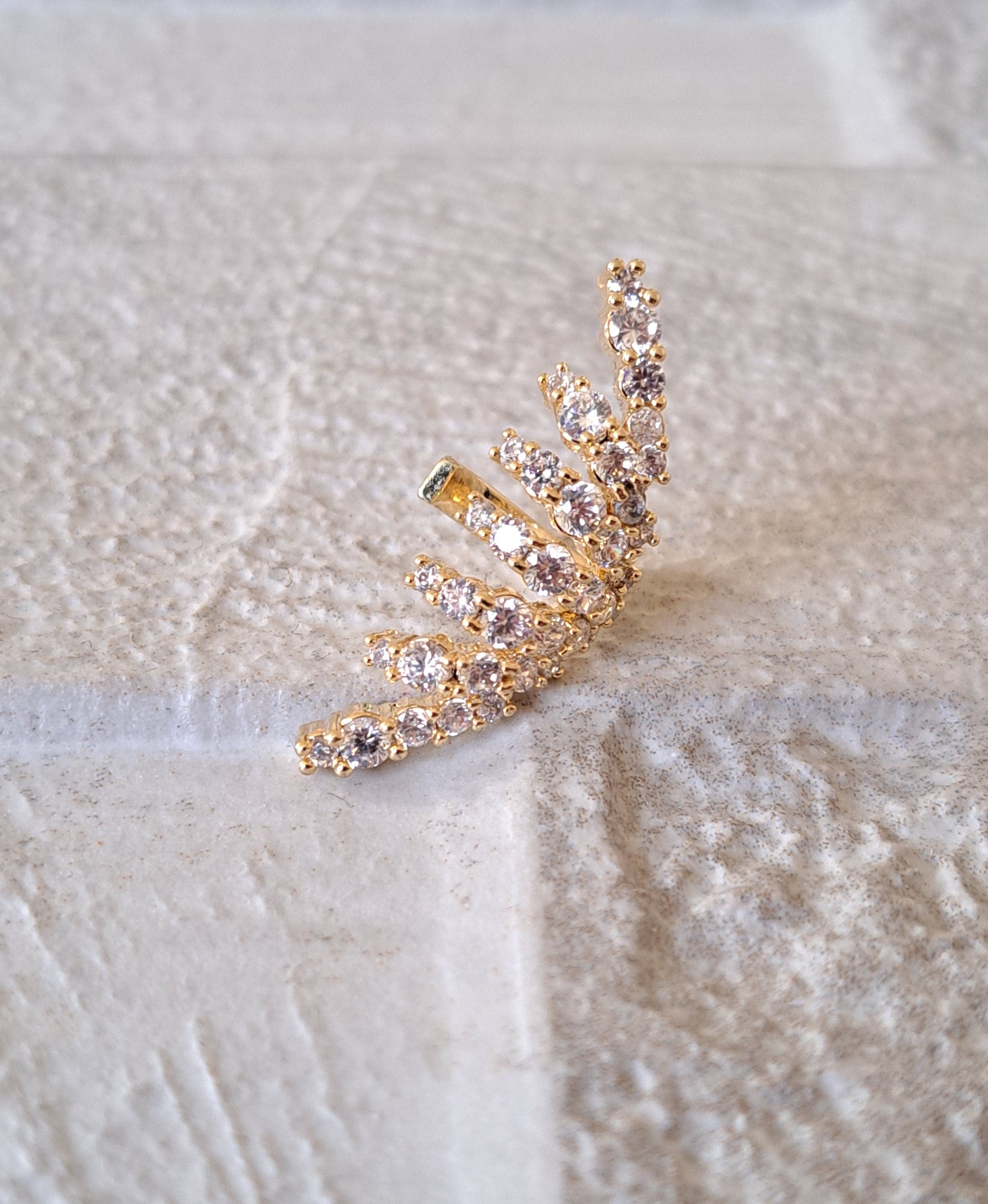 Gold Long Swarovski Crystal Leaf Climber Ear Cuff Earring