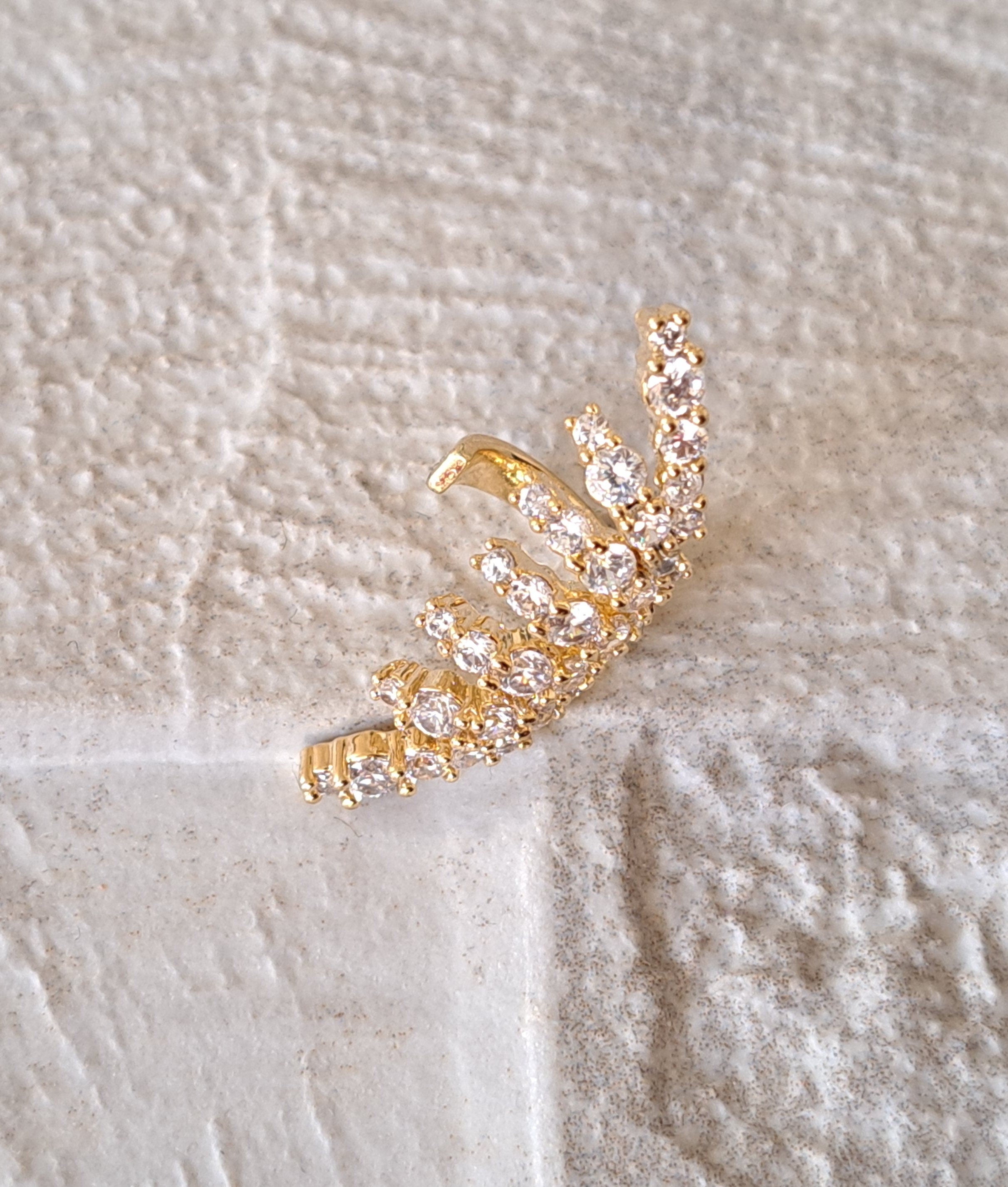 Gold Long Swarovski Crystal Leaf Climber Ear Cuff Earring