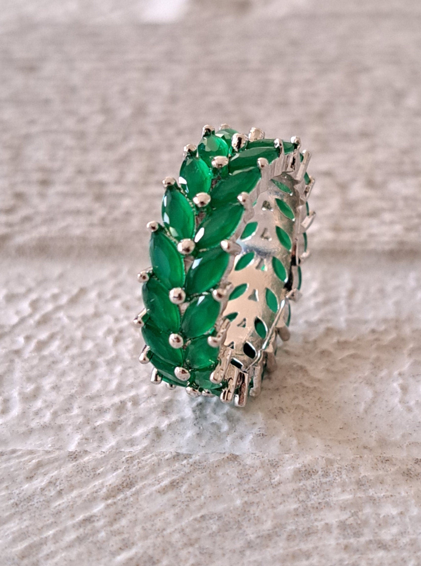 Silver Green Swarovski Crystal Leaf Ring