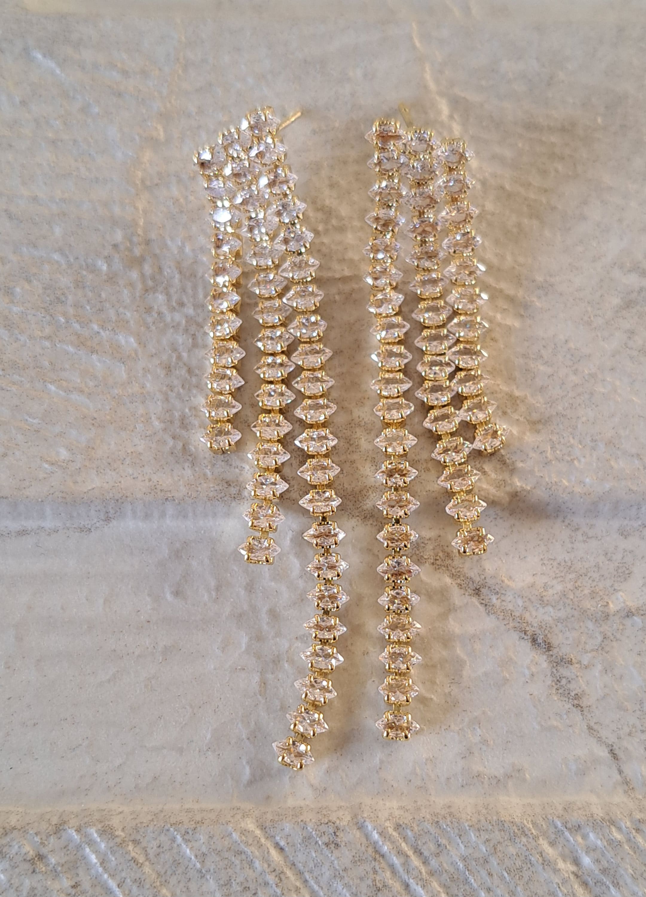 Gold Long Tassel Crystal Dangle Drop Earrings