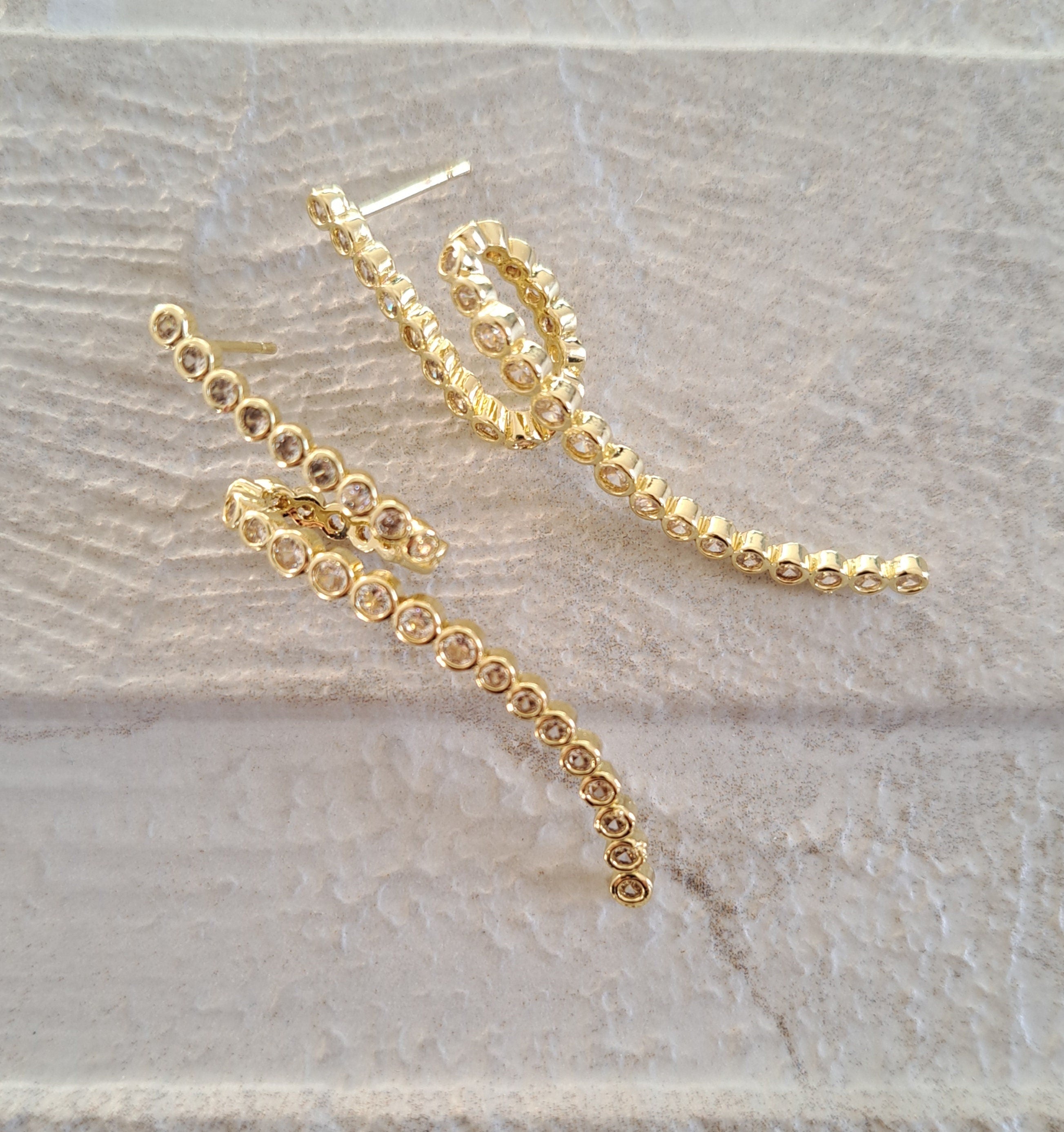 Gold Crystal Curved Twisted Long Drop Earrings