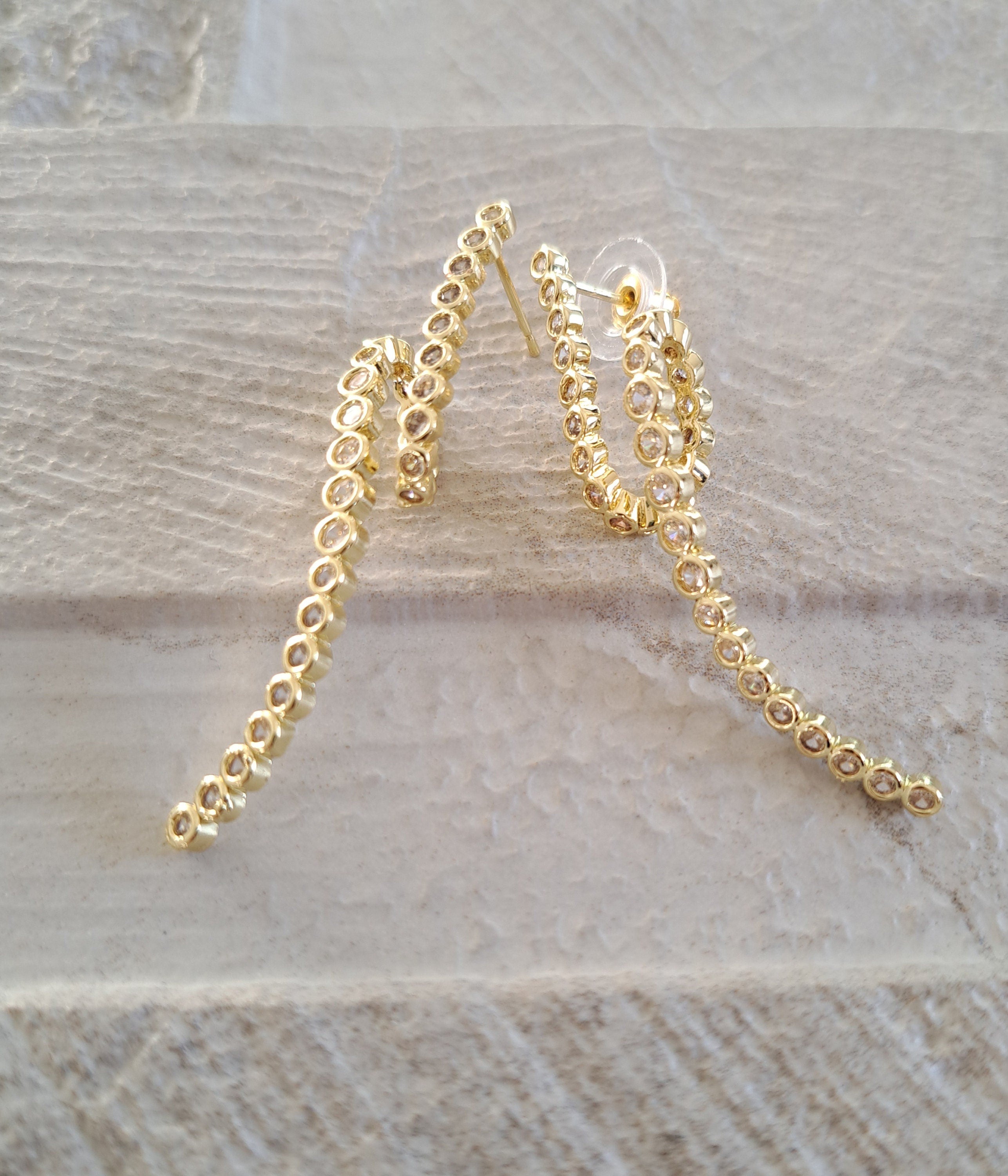 Gold Crystal Curved Twisted Long Drop Earrings
