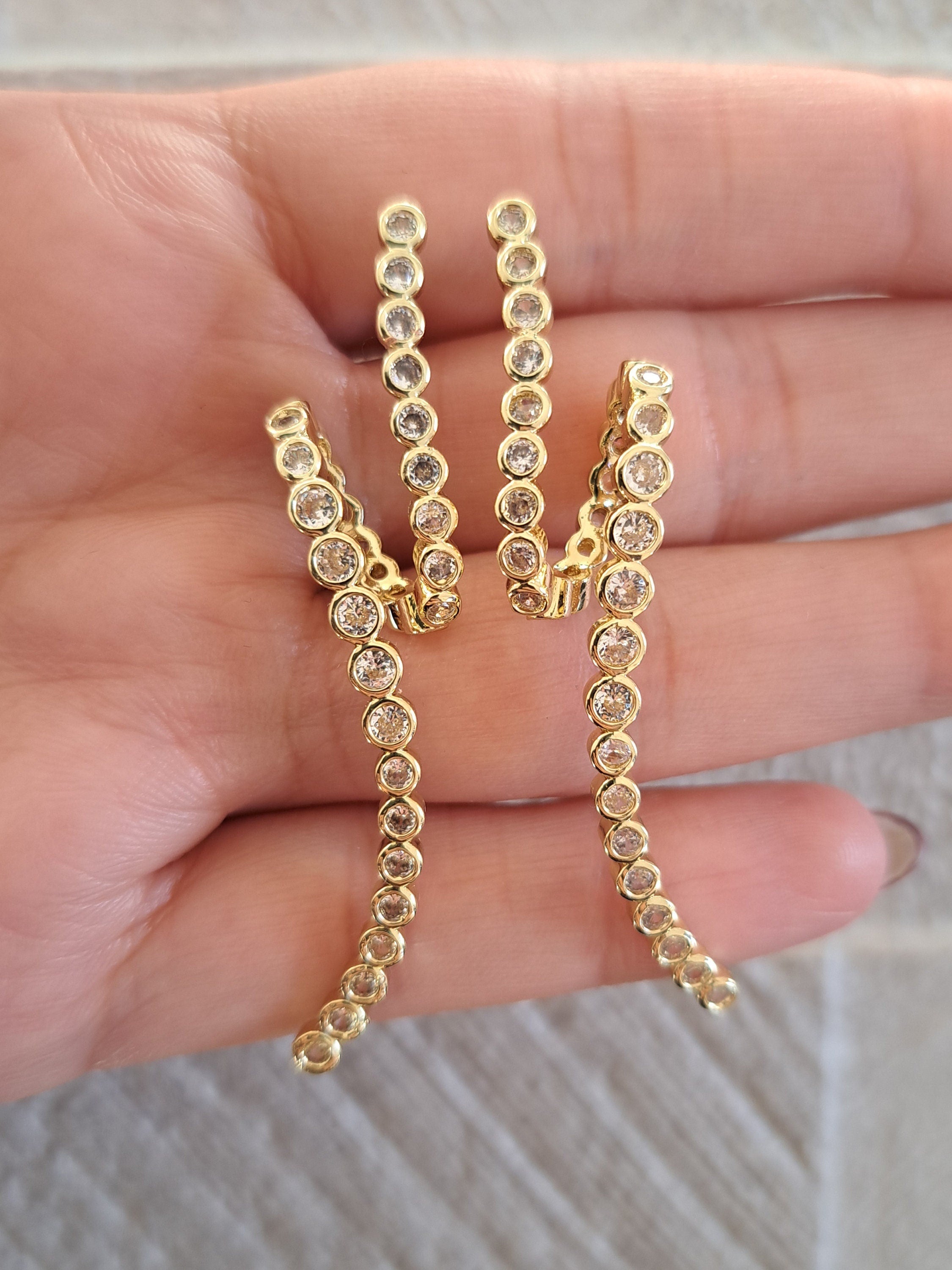 Gold Crystal Curved Twisted Long Drop Earrings
