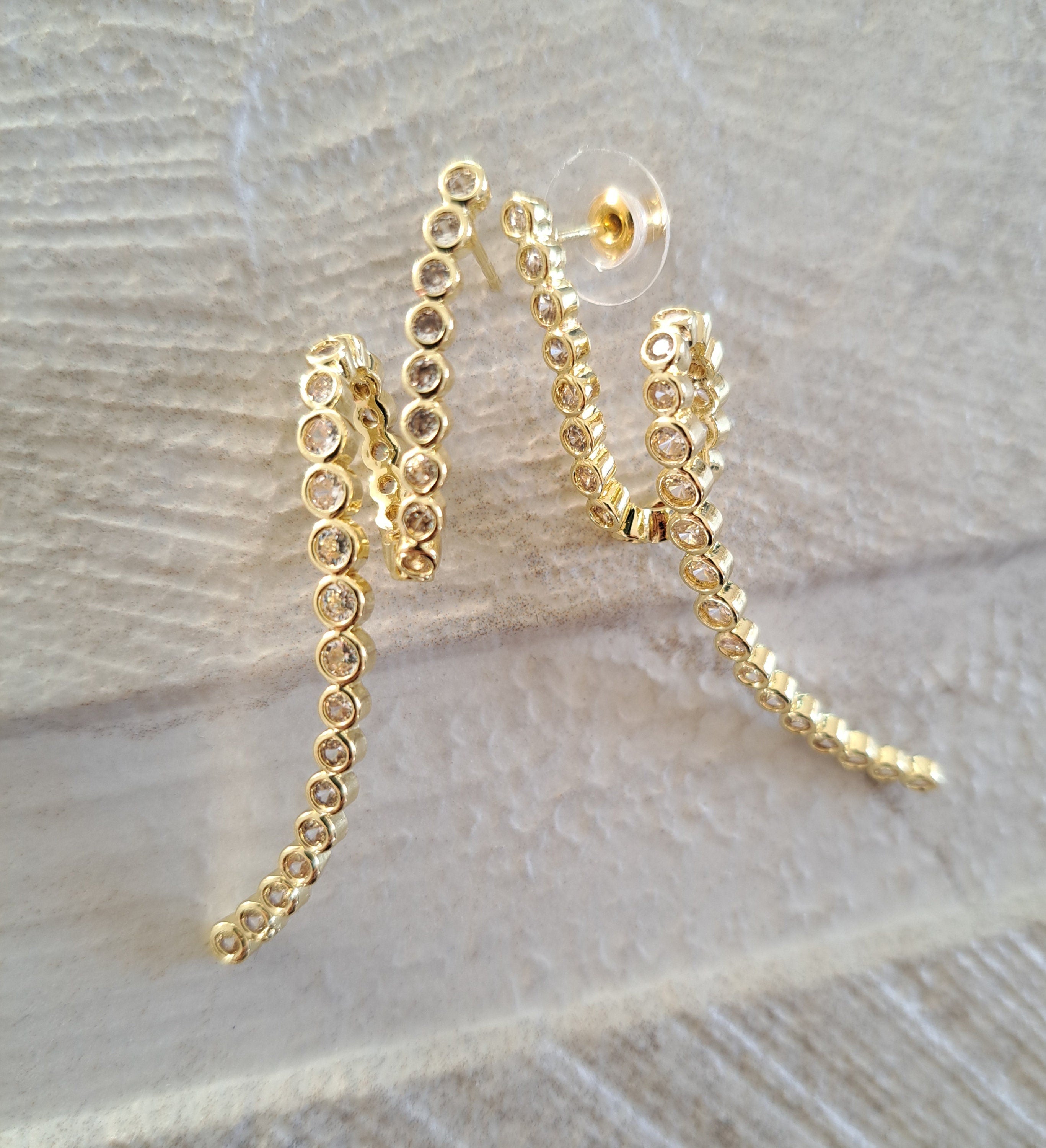 Gold Crystal Curved Twisted Long Drop Earrings