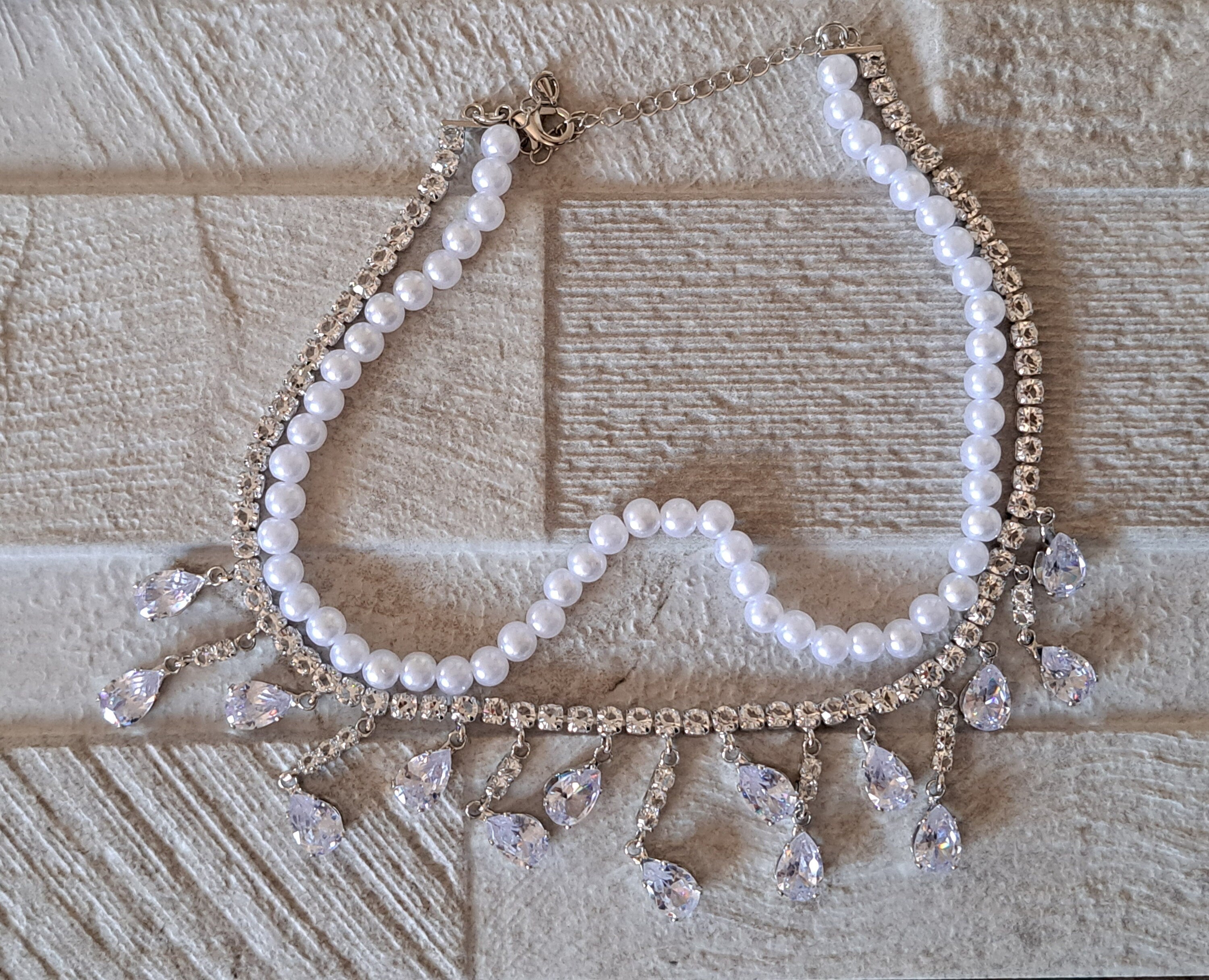 Silver Pearl Double Chain Swarovski Crystal Drop Choker Necklace