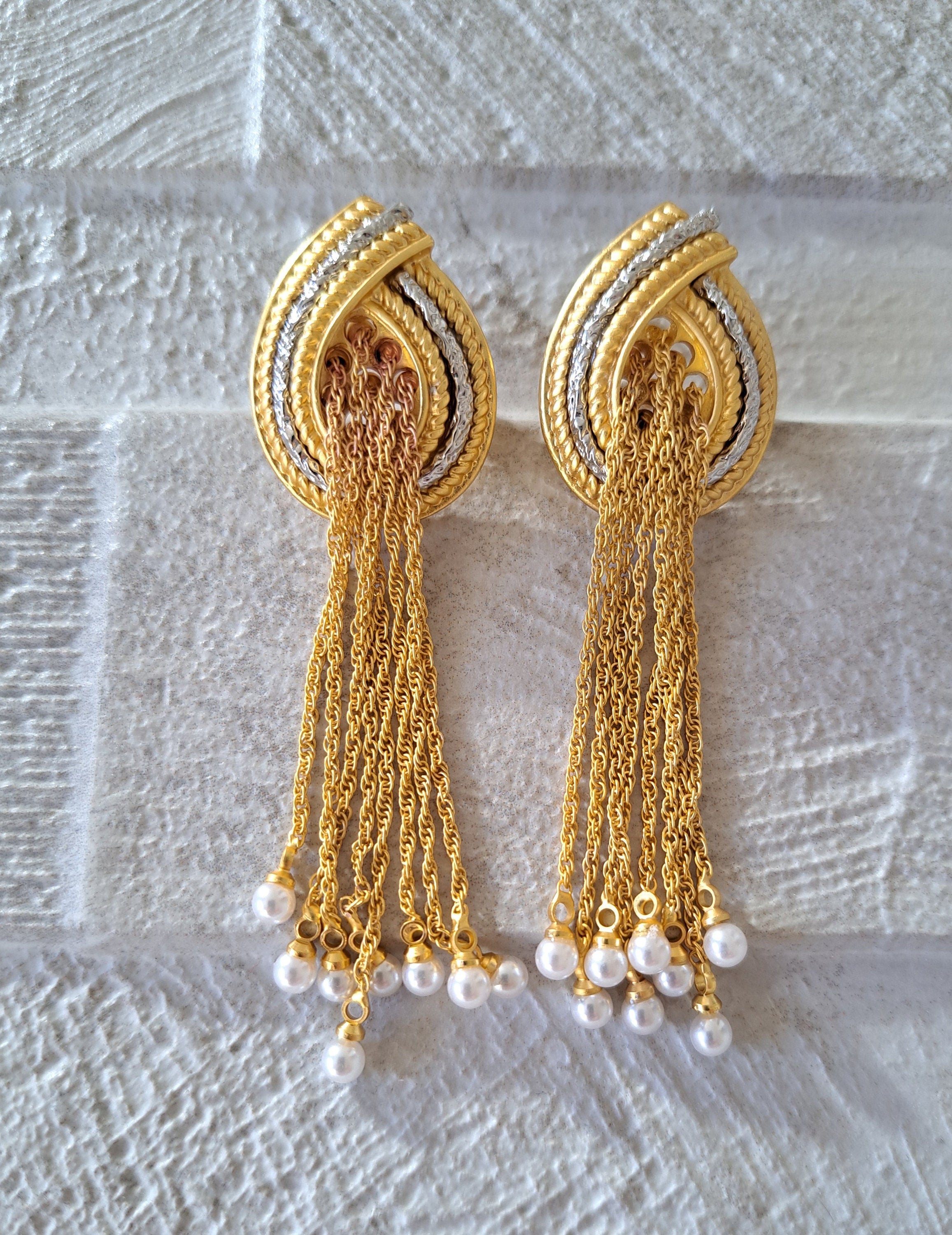 Gold Silver Pearl Water Drop Twisted Knot Earrings