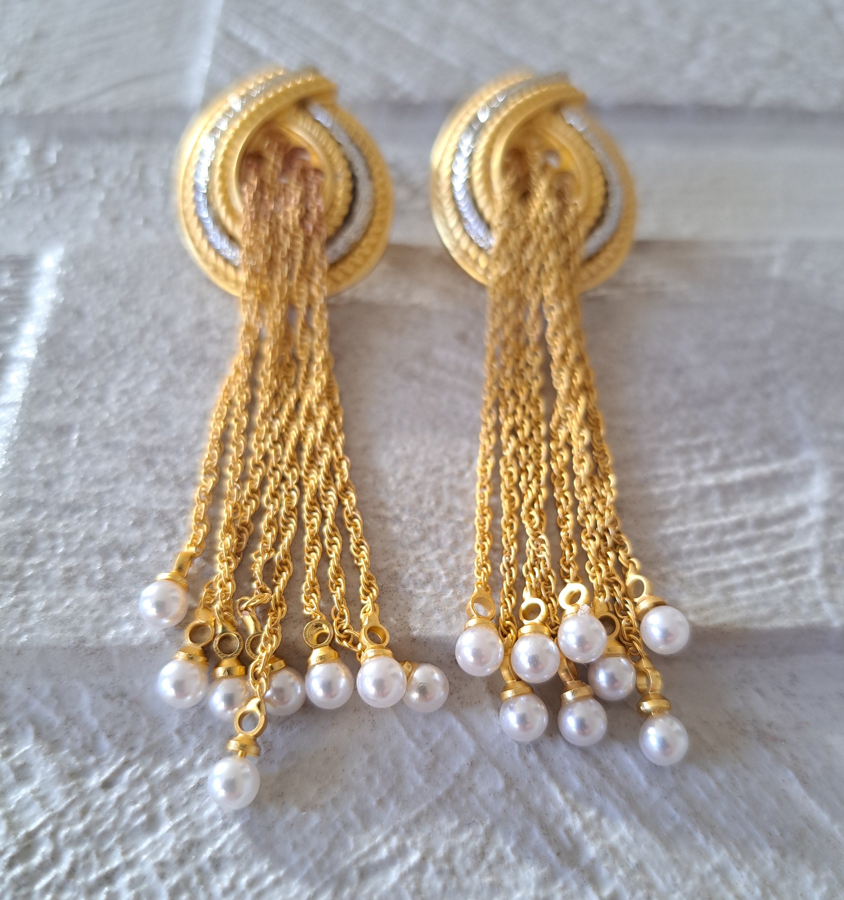 Gold Silver Pearl Water Drop Twisted Knot Earrings