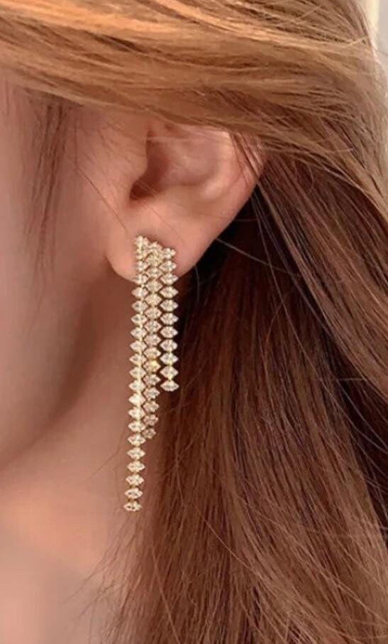 Gold Long Tassel Crystal Dangle Drop Earrings