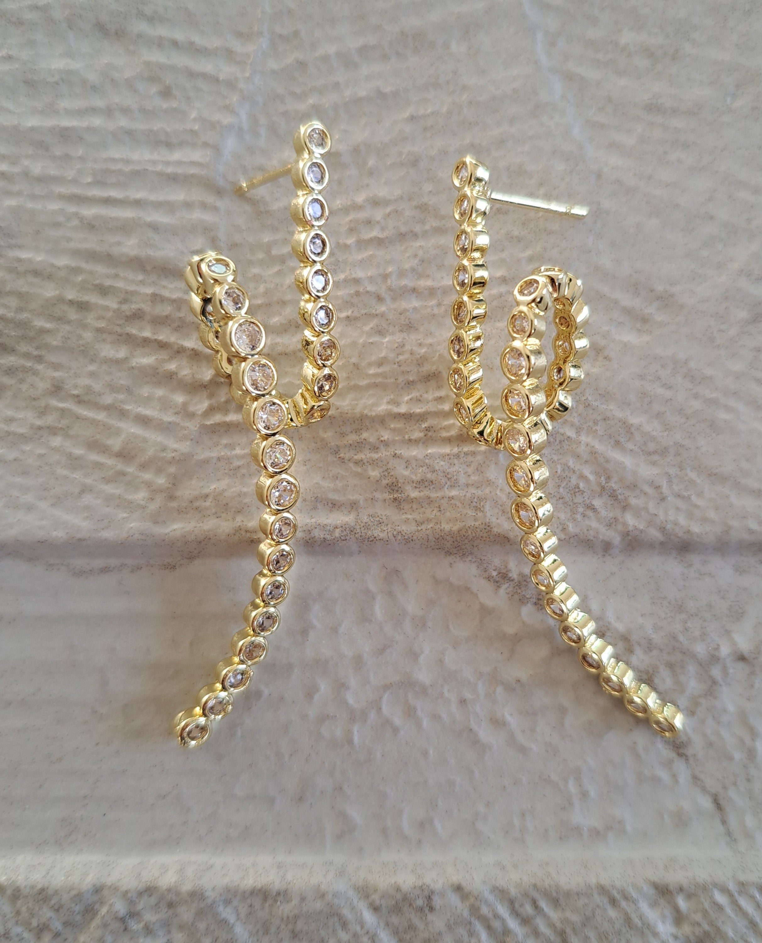 Gold Crystal Curved Twisted Long Drop Earrings