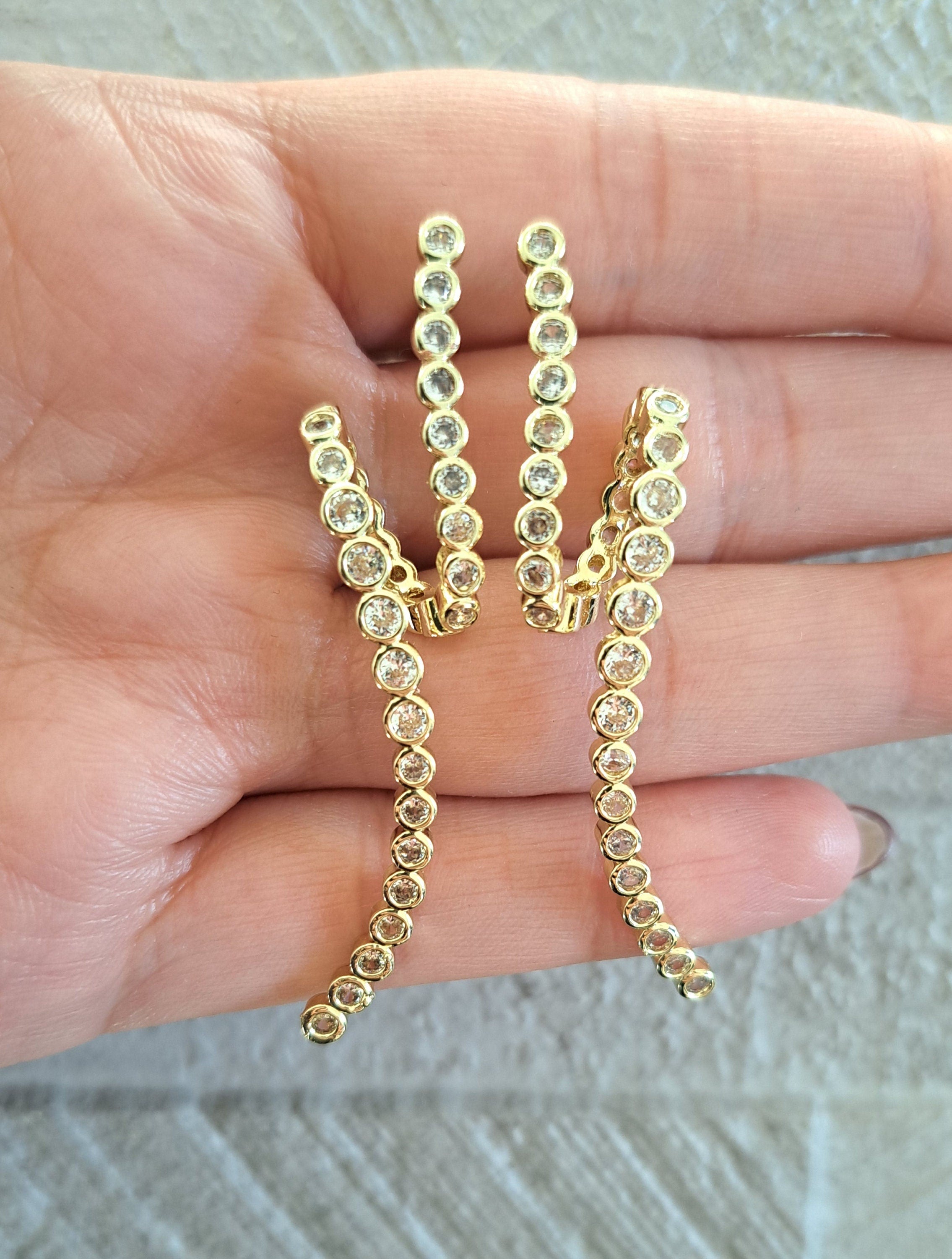 Gold Crystal Curved Twisted Long Drop Earrings
