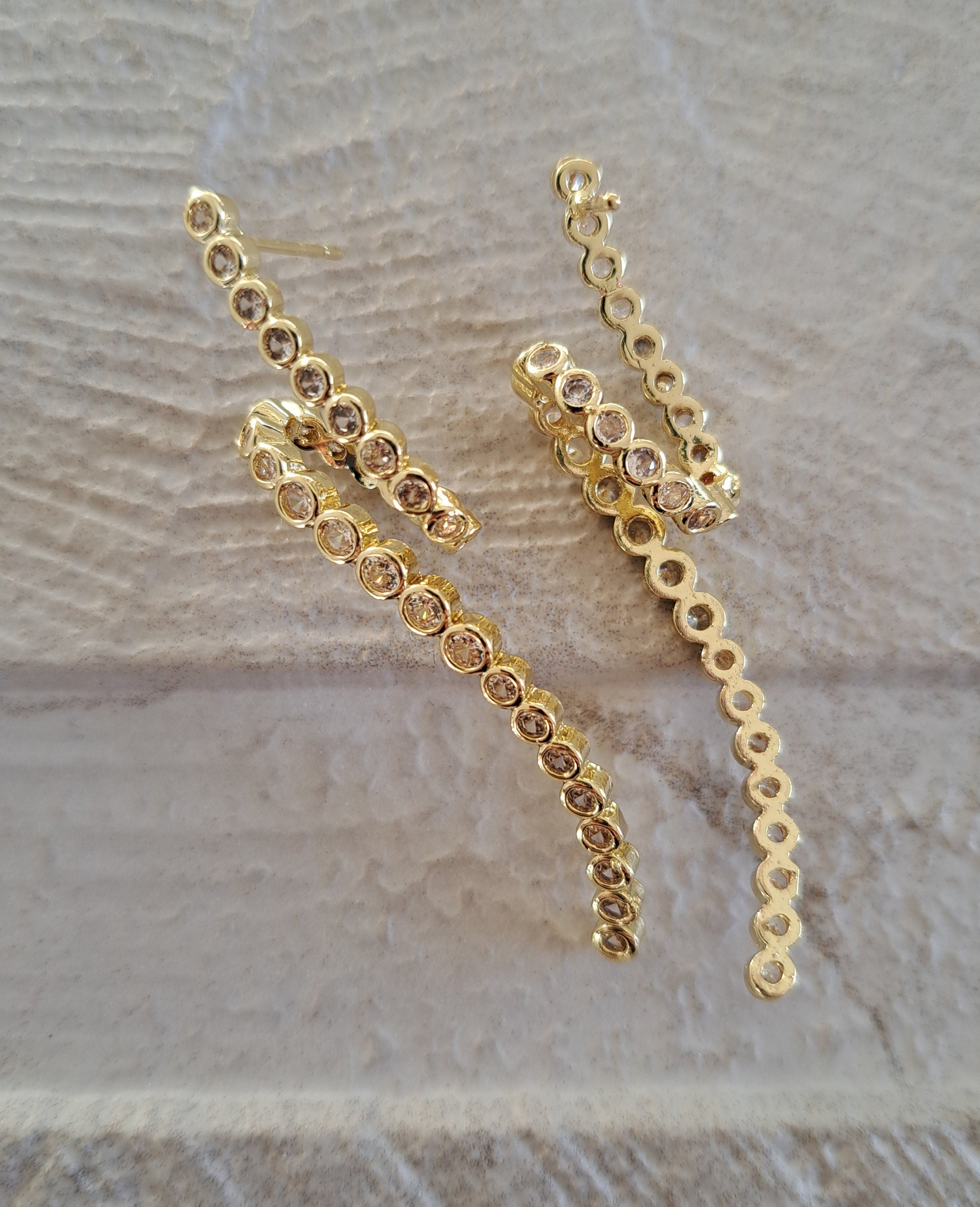 Gold Crystal Curved Twisted Long Drop Earrings