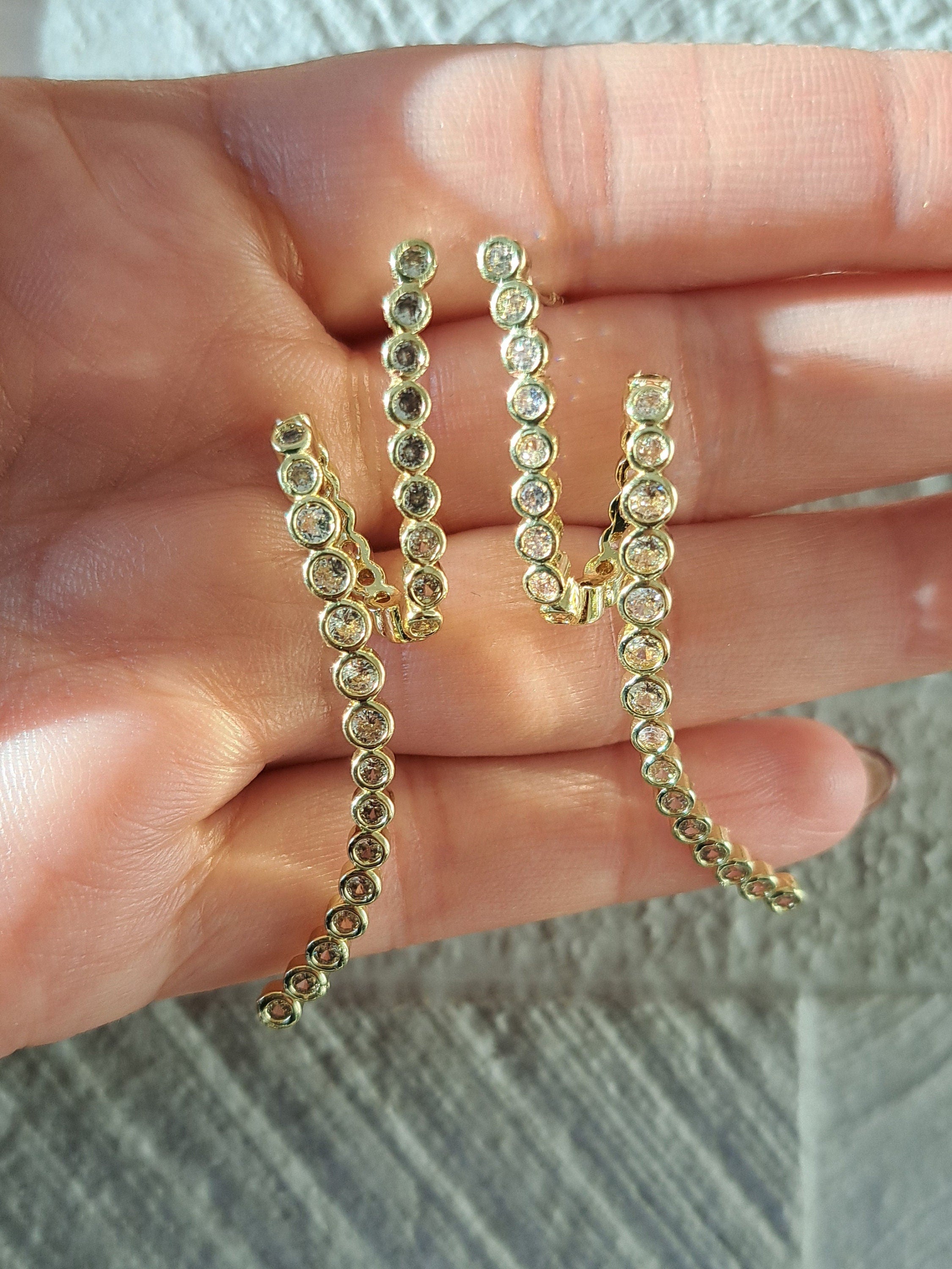 Gold Crystal Curved Twisted Long Drop Earrings
