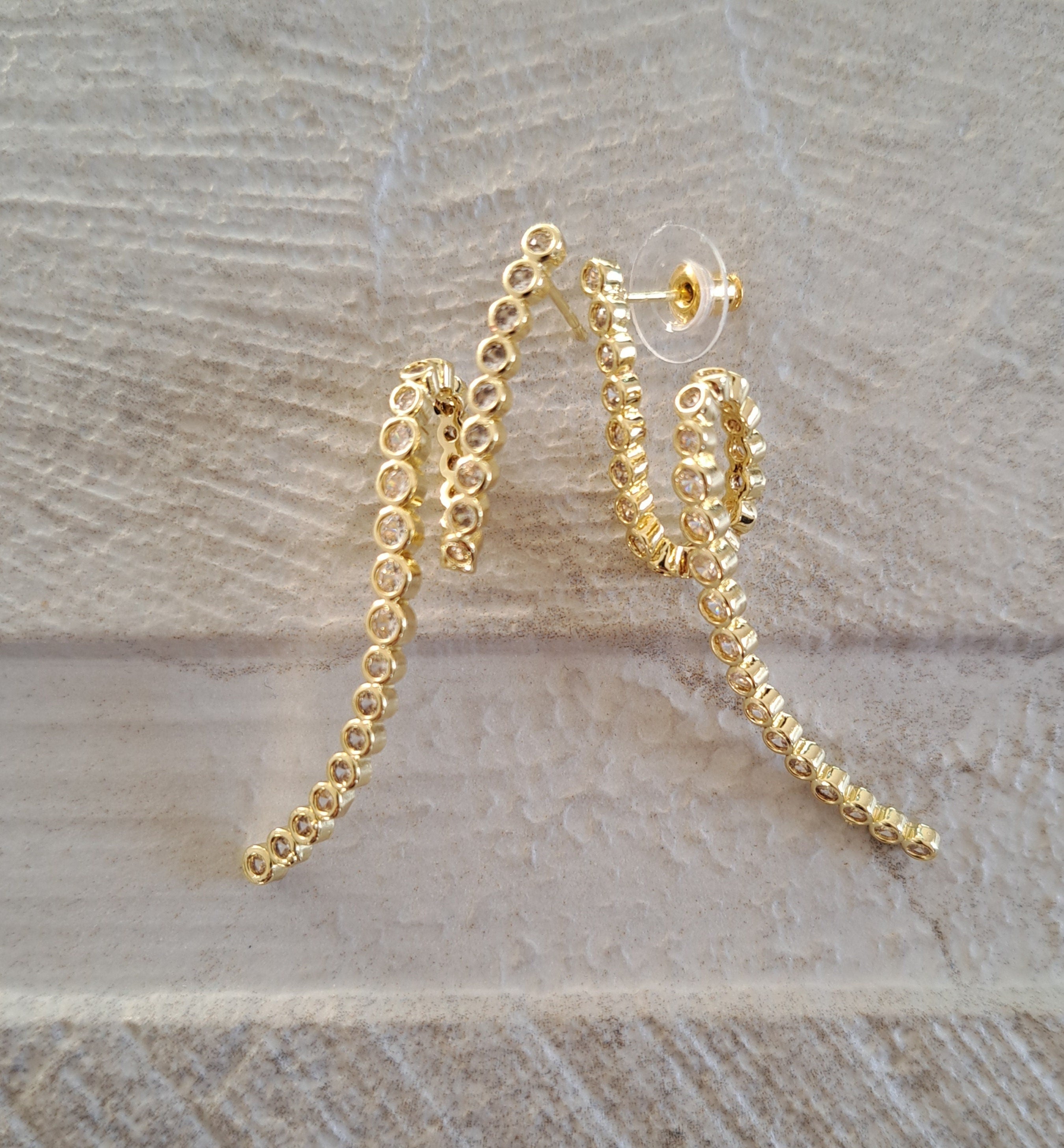 Gold Crystal Curved Twisted Long Drop Earrings