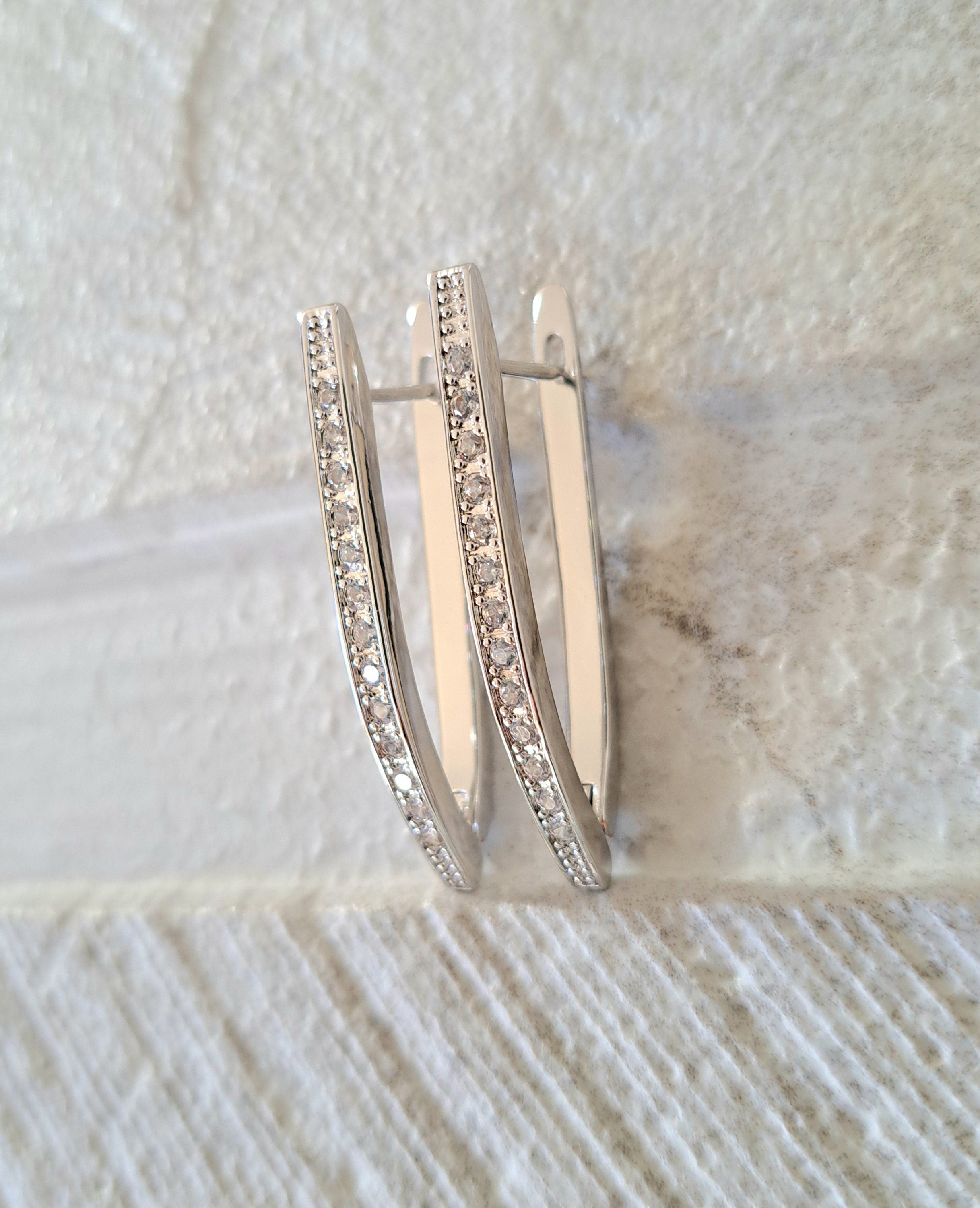 Silver 18k Gold Plated V-Shaped Swarovski Crystal Hoop Earrings