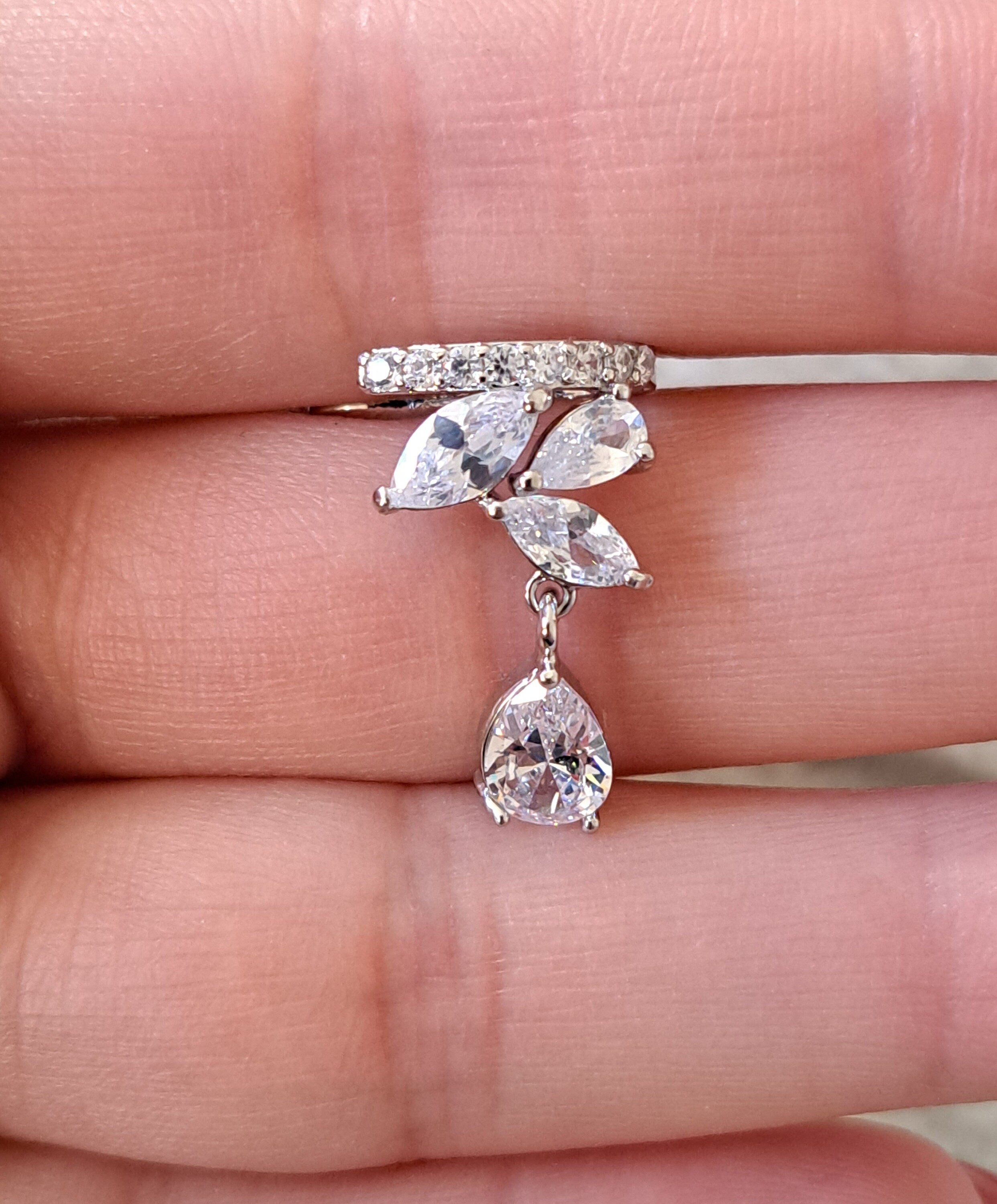 Silver Crystal Leaf Drop Ear Cuff Earring