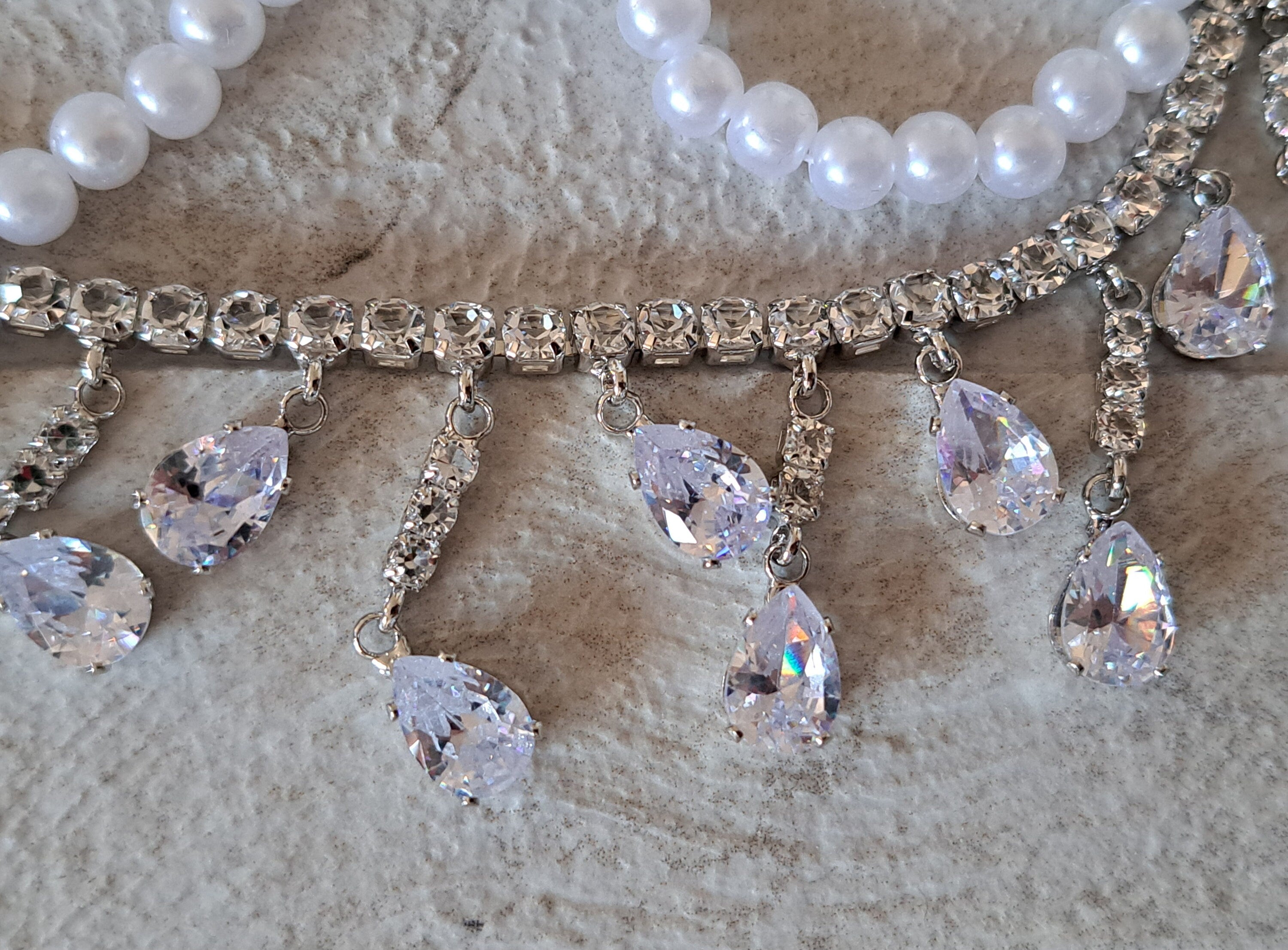 Silver Pearl Double Chain Swarovski Crystal Drop Choker Necklace