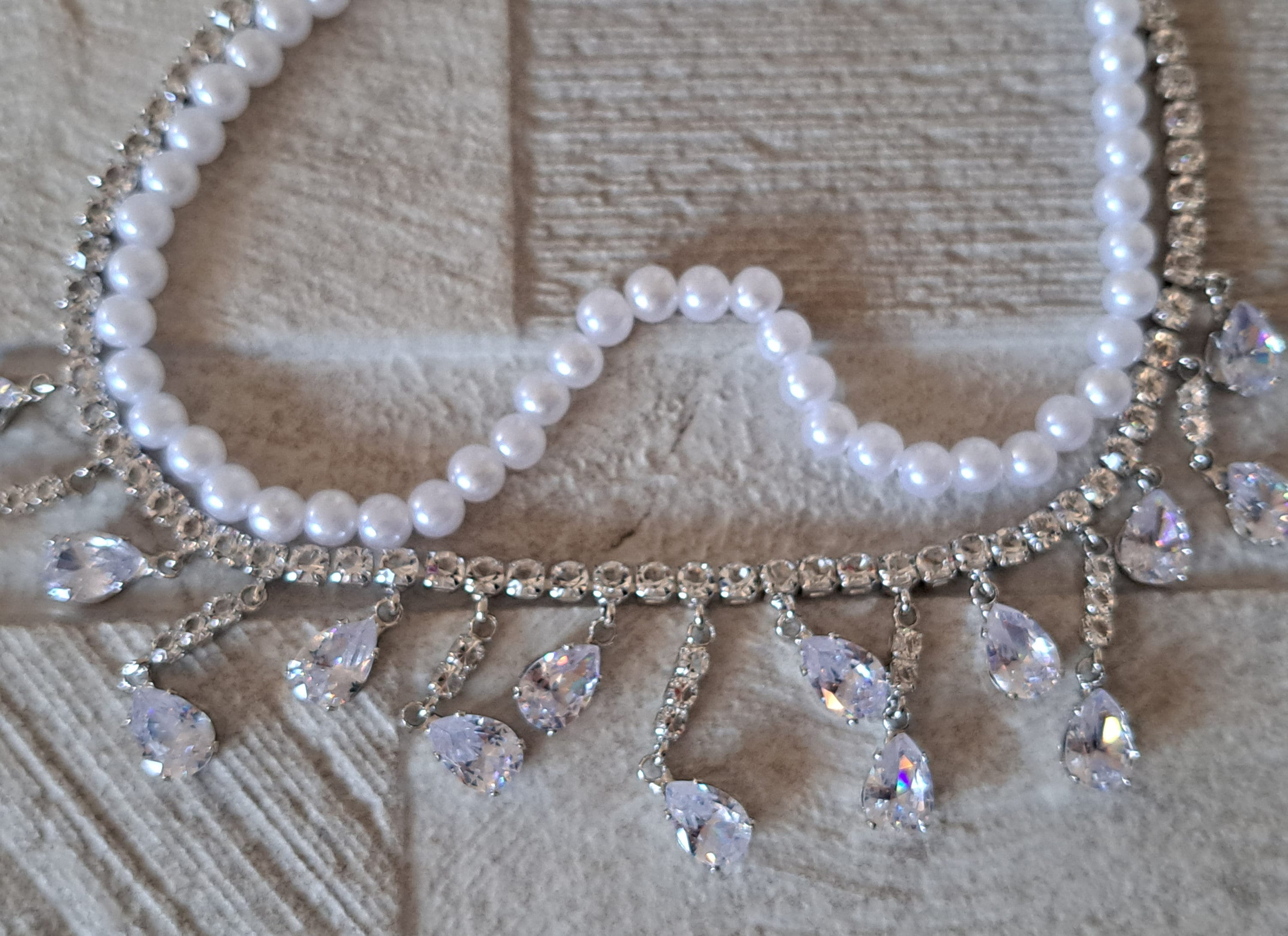 Silver Pearl Double Chain Swarovski Crystal Drop Choker Necklace