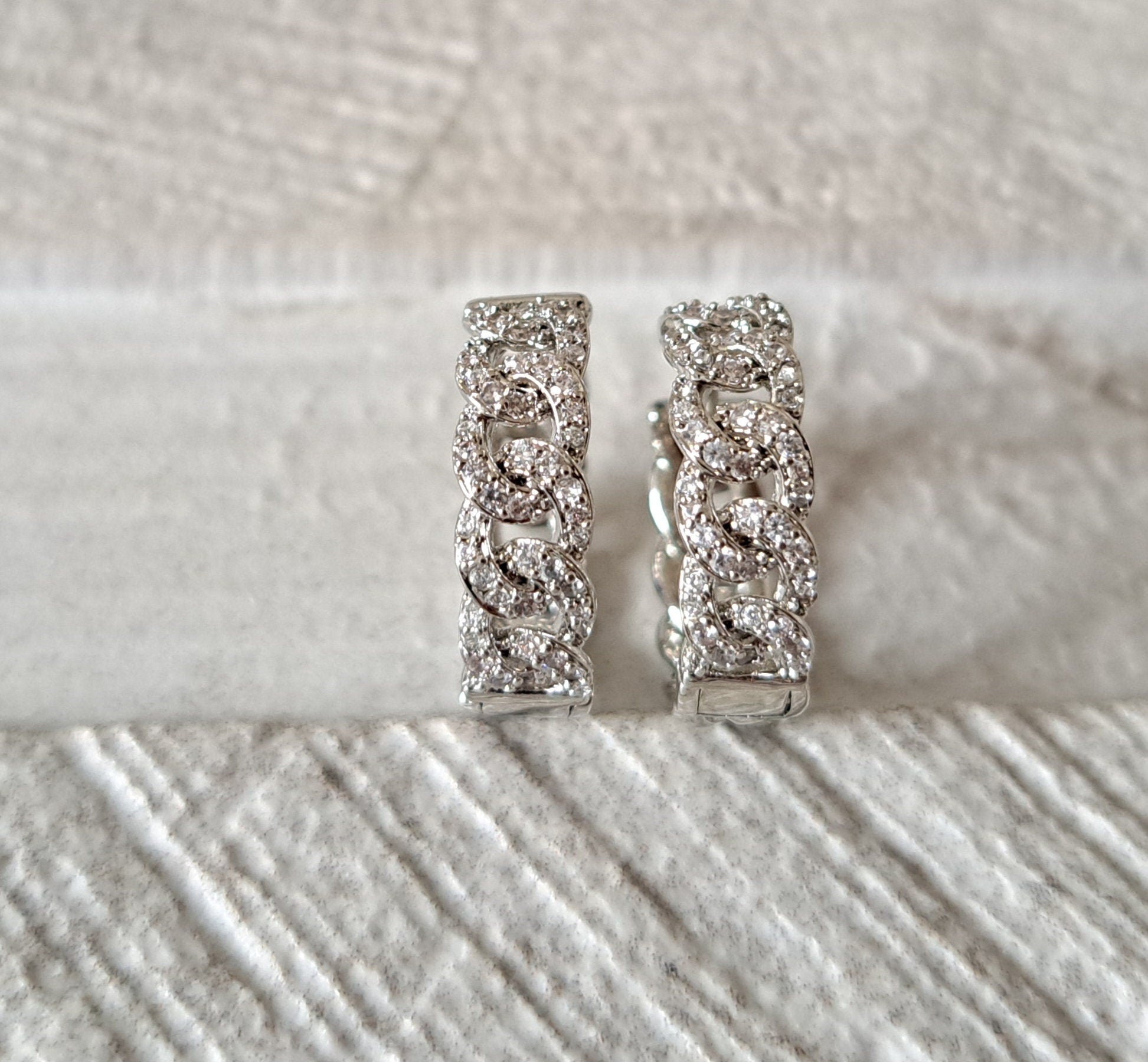 Silver Swarovski Crystal Chain Link Hoop Earrings