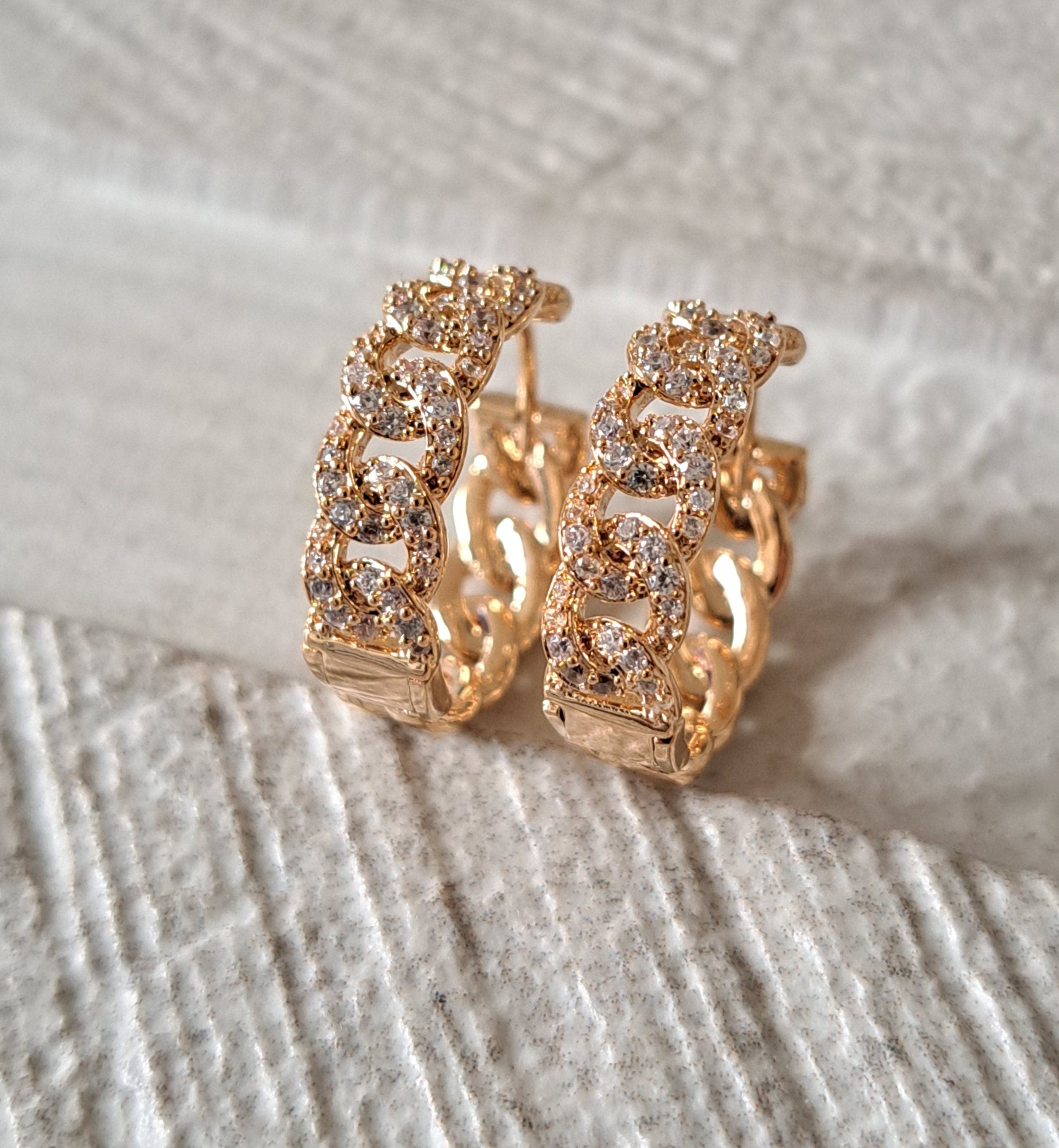 Gold Swarovski Crystal Chain Link Hoop Earrings