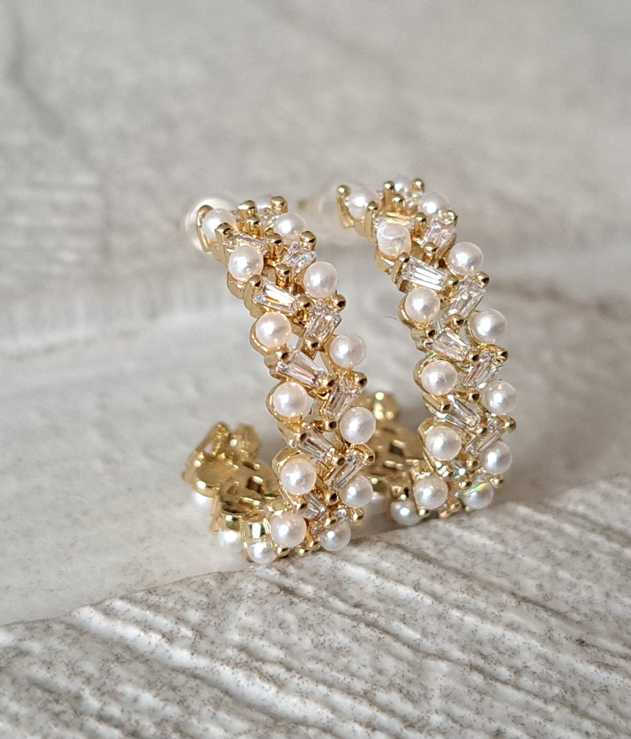 Gold Plated Pearl Swarovski Crystal Hoop Earrings