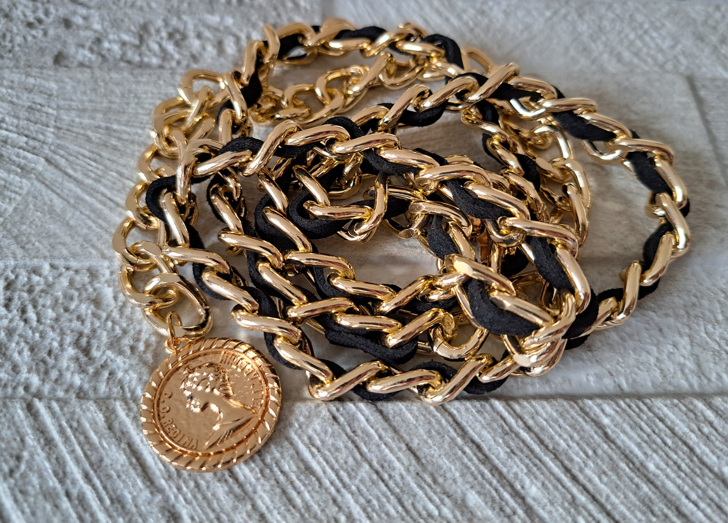 Gold Black Velvet Skinny Adjustable Dress Belt with Gold Coin Embellishment