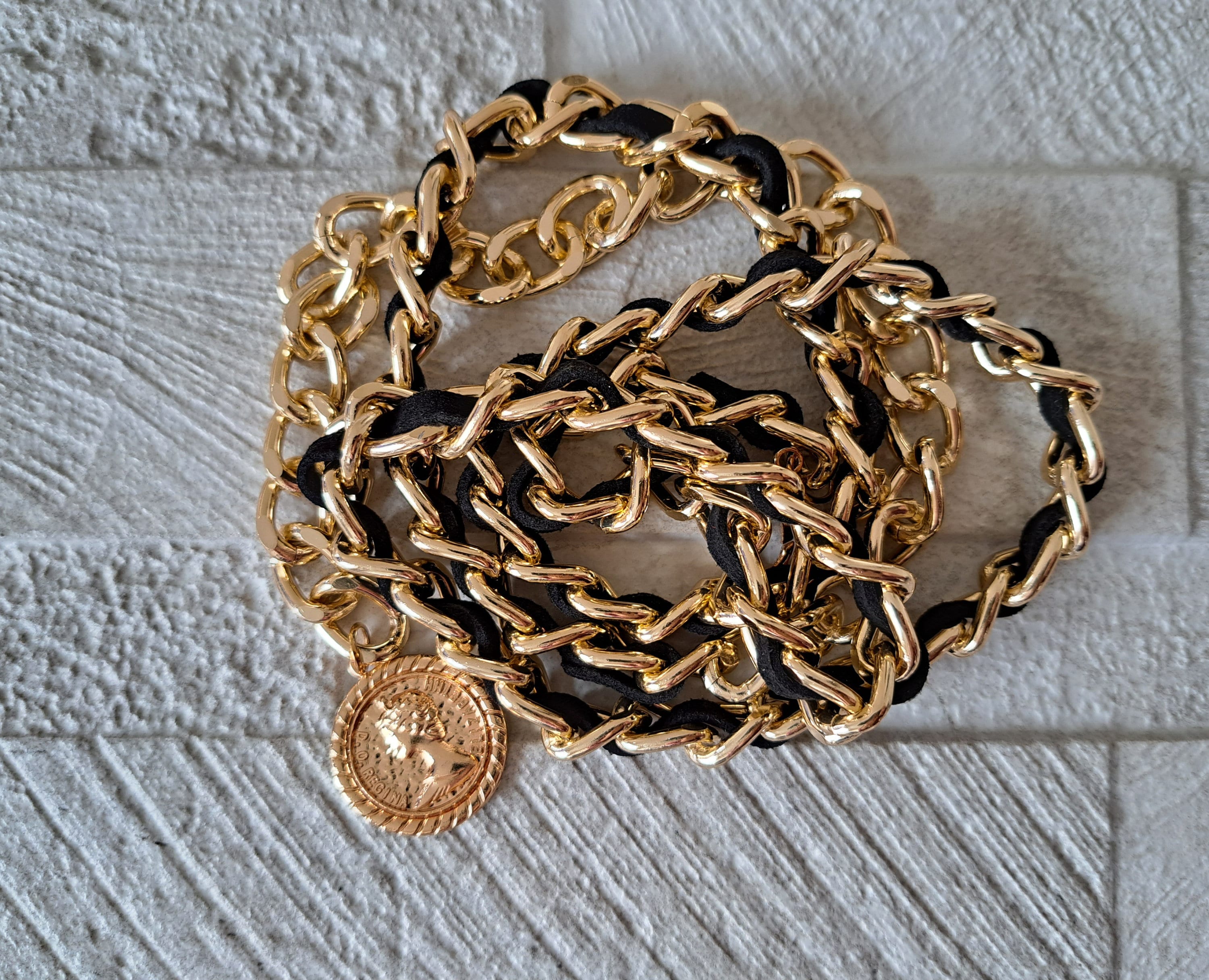 Gold Black Velvet Skinny Adjustable Dress Belt with Gold Coin Embellishment