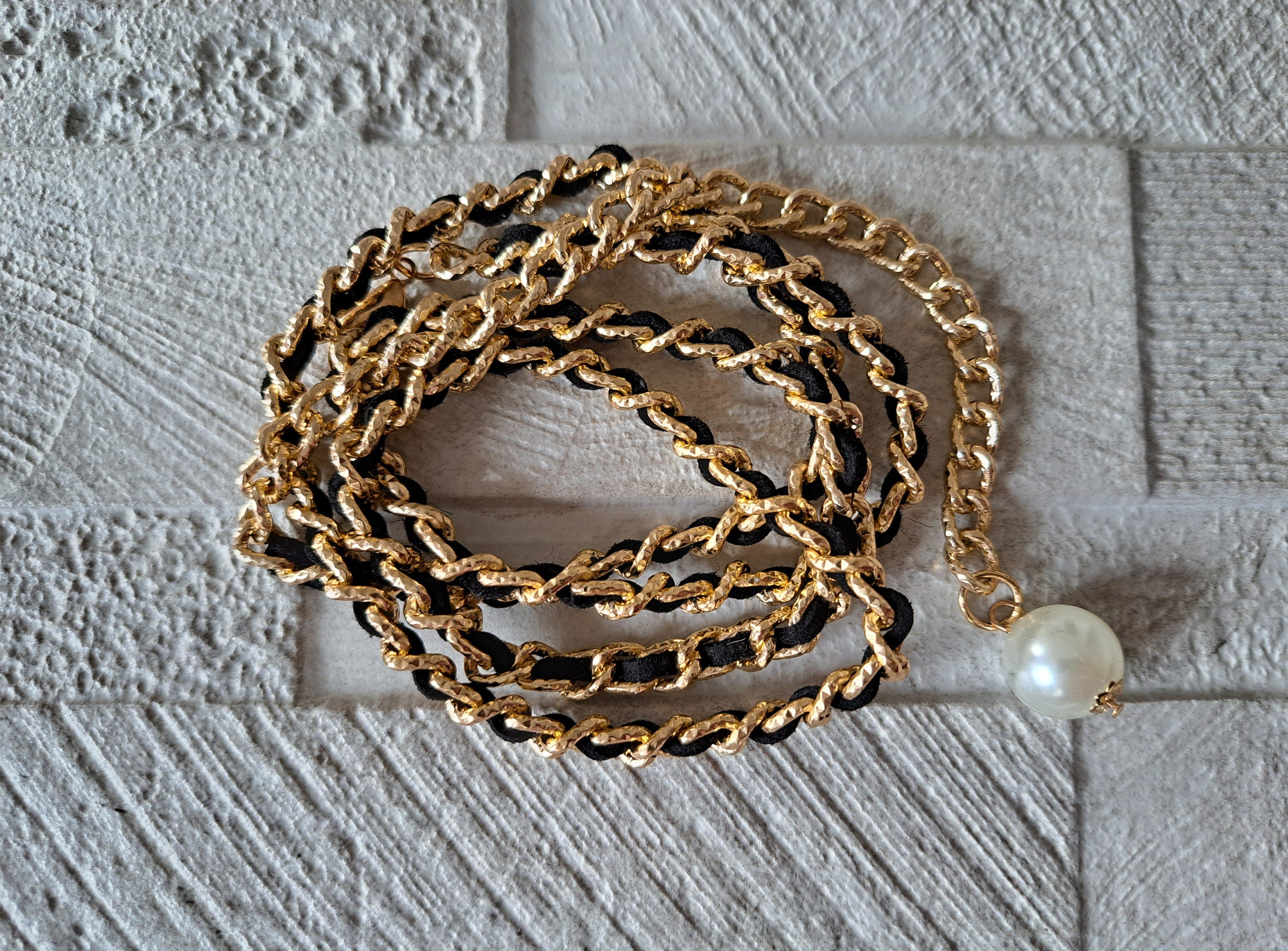 Gold black velvet skinny link chain with pearl embellishment belt