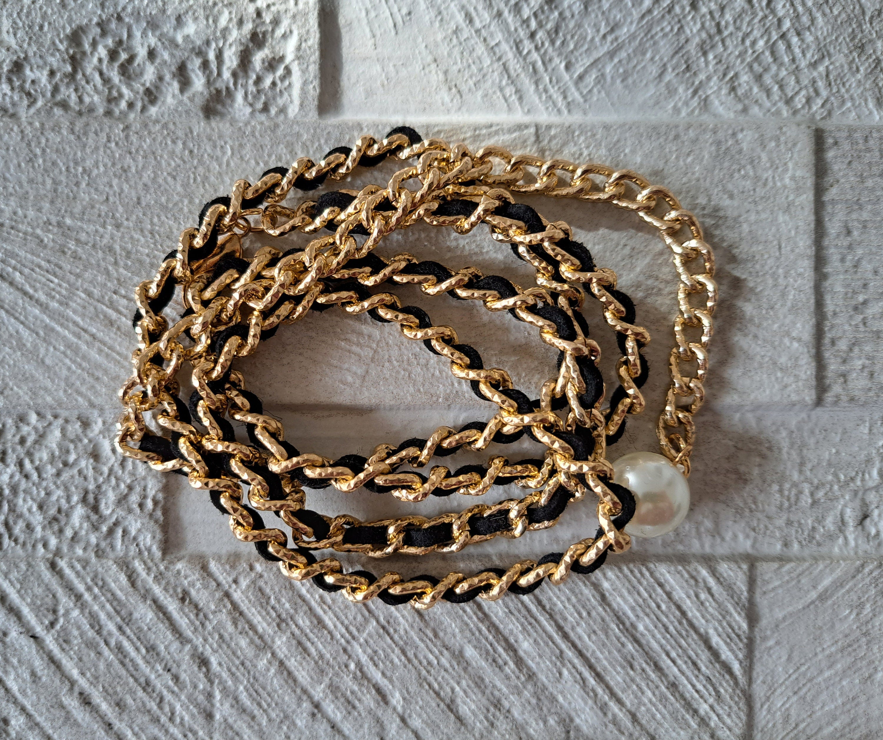 Gold black velvet skinny link chain with pearl embellishment belt