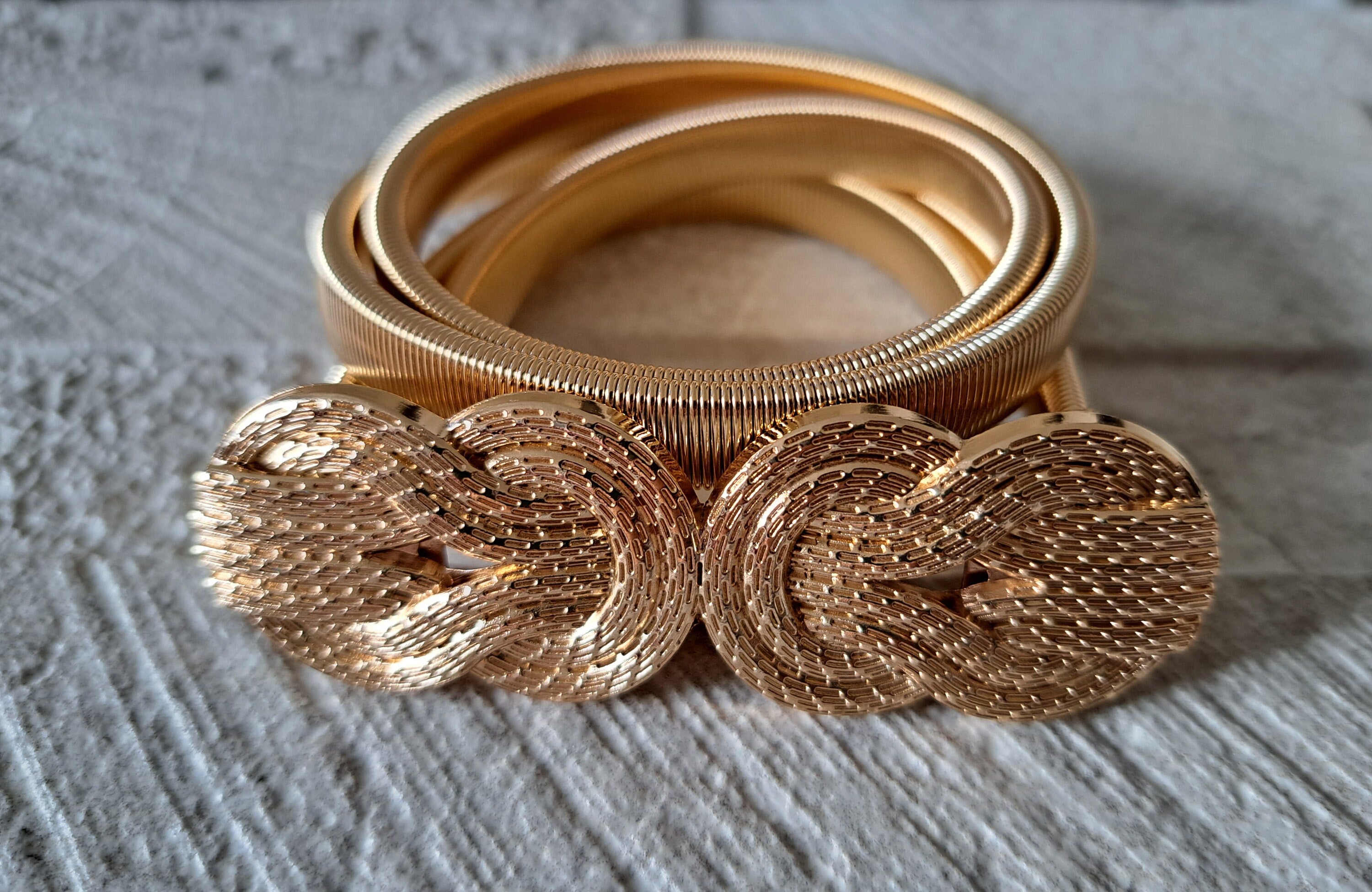 Gold Skinny Thin Dress Belt with Textured Knot Buckle